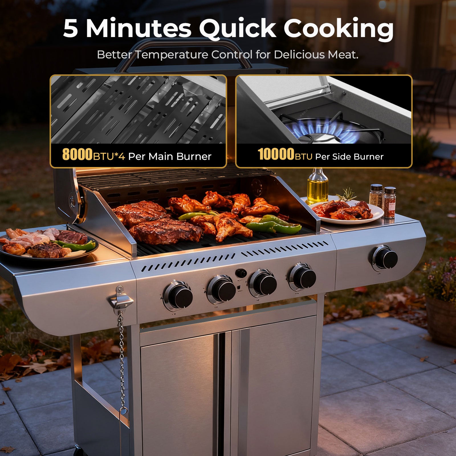 R.W.FLAME 4-Burner 42000 BTU Propane Gas Grill with Side Burners Stainless Steel for Patio Yard