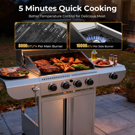 R.W.FLAME 4-Burner 42000 BTU Propane Gas Grill with Side Burners Stainless Steel for Patio Yard