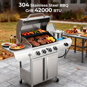 R.W.FLAME 4-Burner 42000 BTU Propane Gas Grill with Side Burners Stainless Steel for Patio Yard
