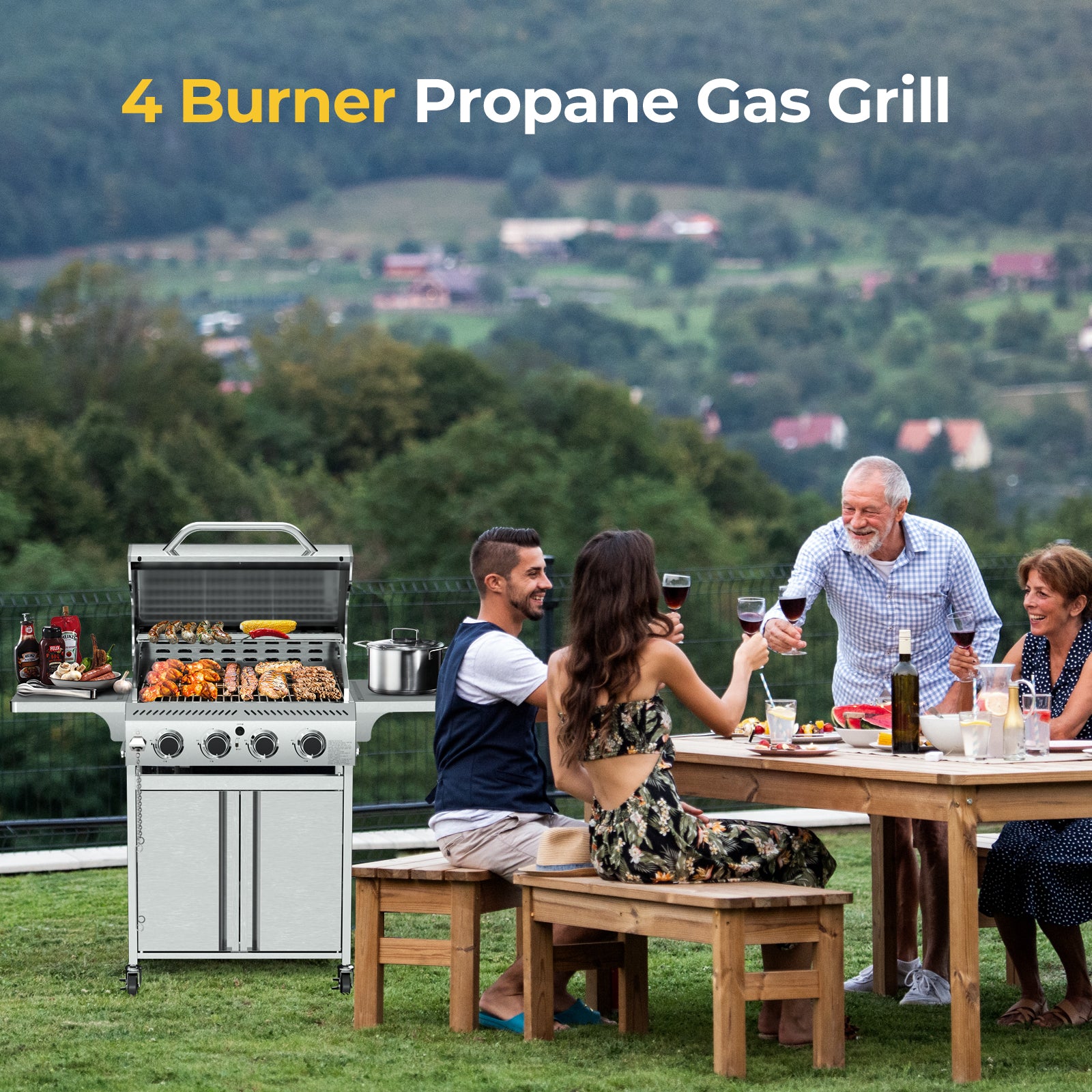 4-Burner Propane Gas Grill Stainless Steel 32000BTU with Folding Side Tables