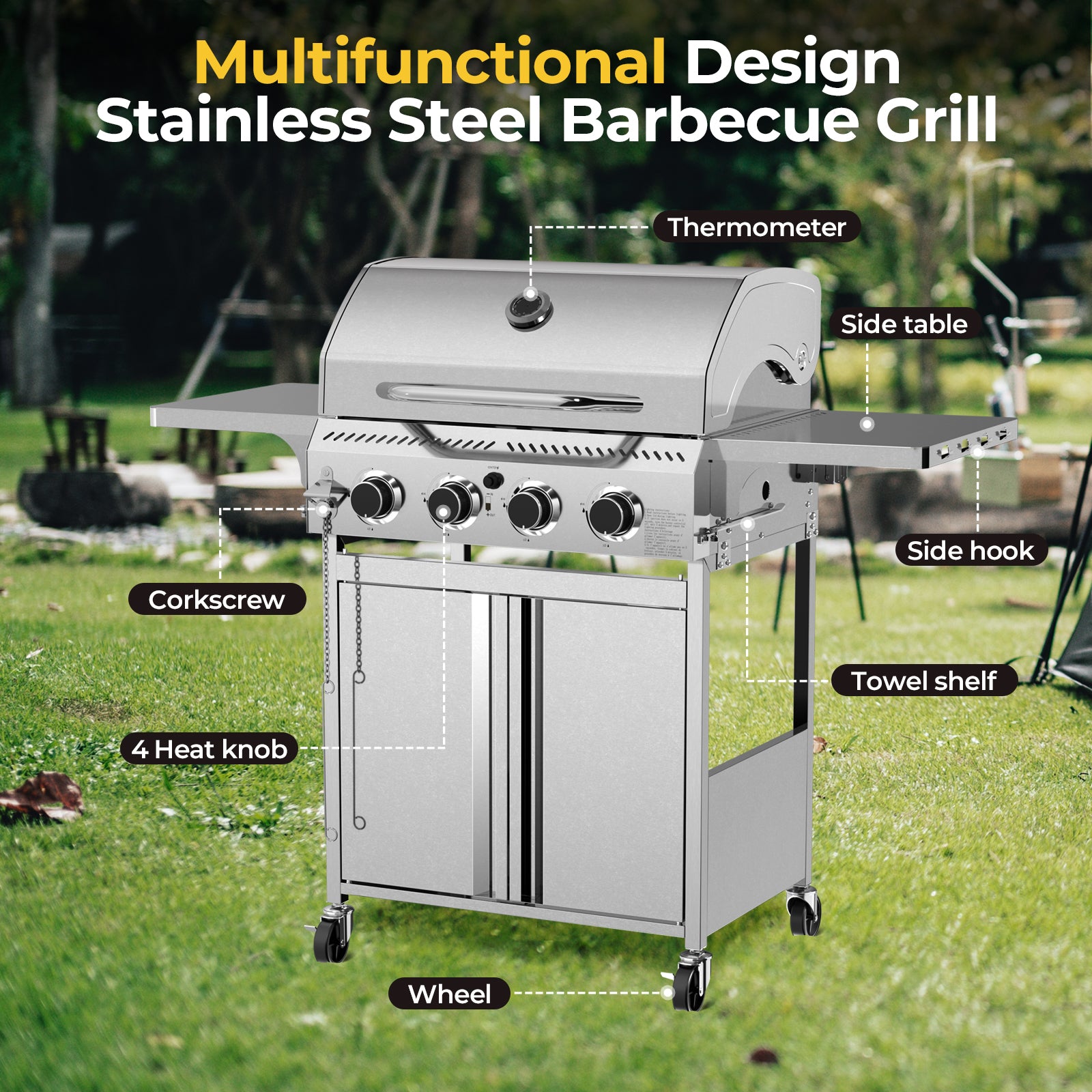 4-Burner Propane Gas Grill Stainless Steel 32000BTU with Folding Side Tables