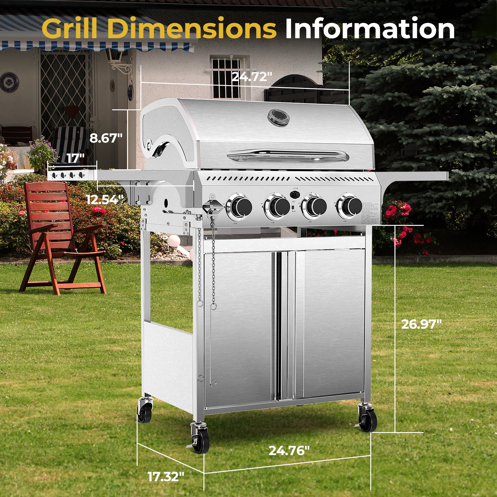 4-Burner Propane Gas Grill Stainless Steel 32000BTU with Folding Side Tables