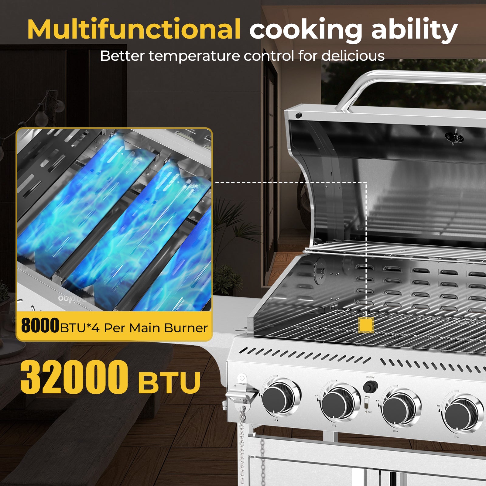 4-Burner Propane Gas Grill Stainless Steel 32000BTU with Folding Side Tables