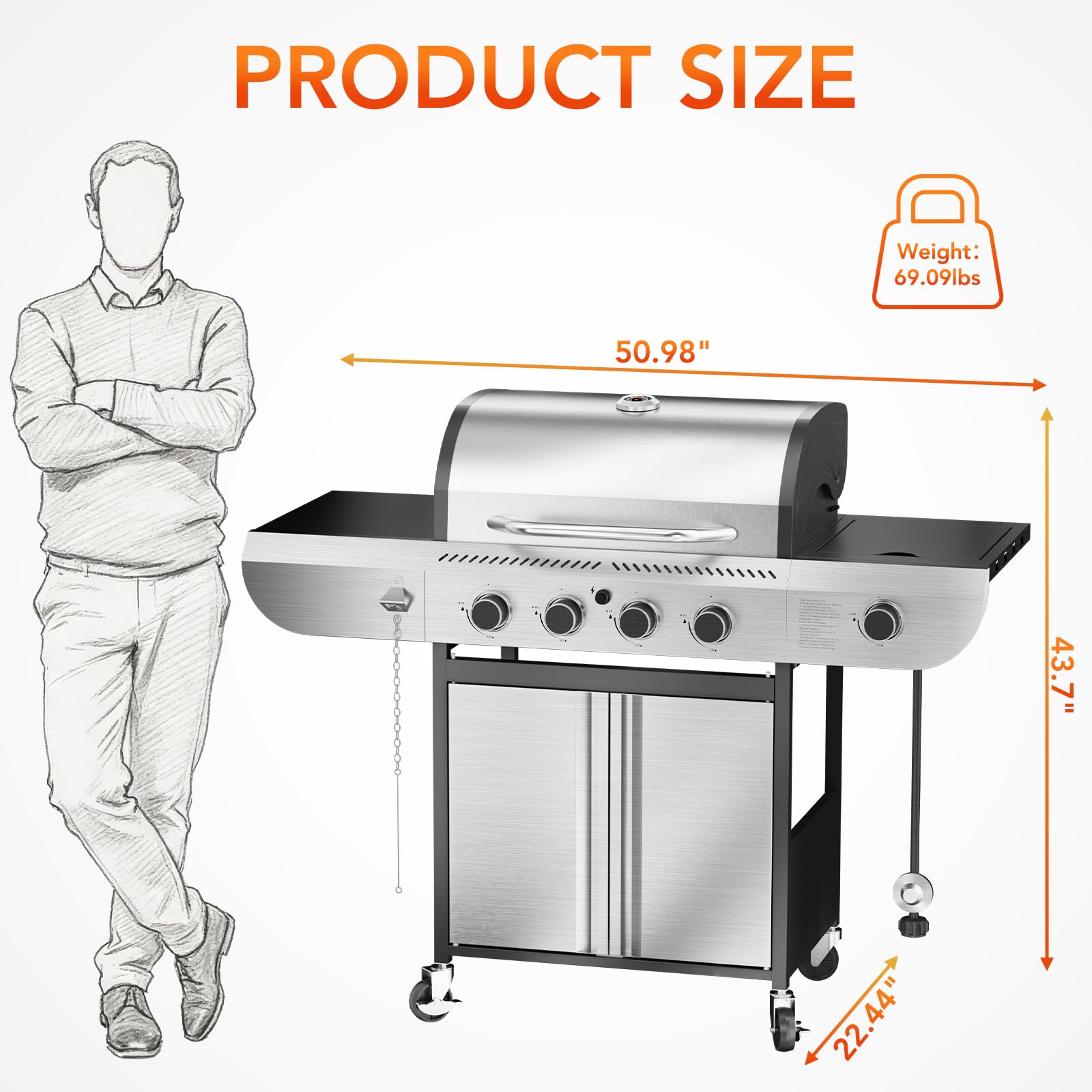 4-Burner Propane Gas Grill Stainless Steel 42000 BTU with Side Burner and Porcelain-Enameled Grates