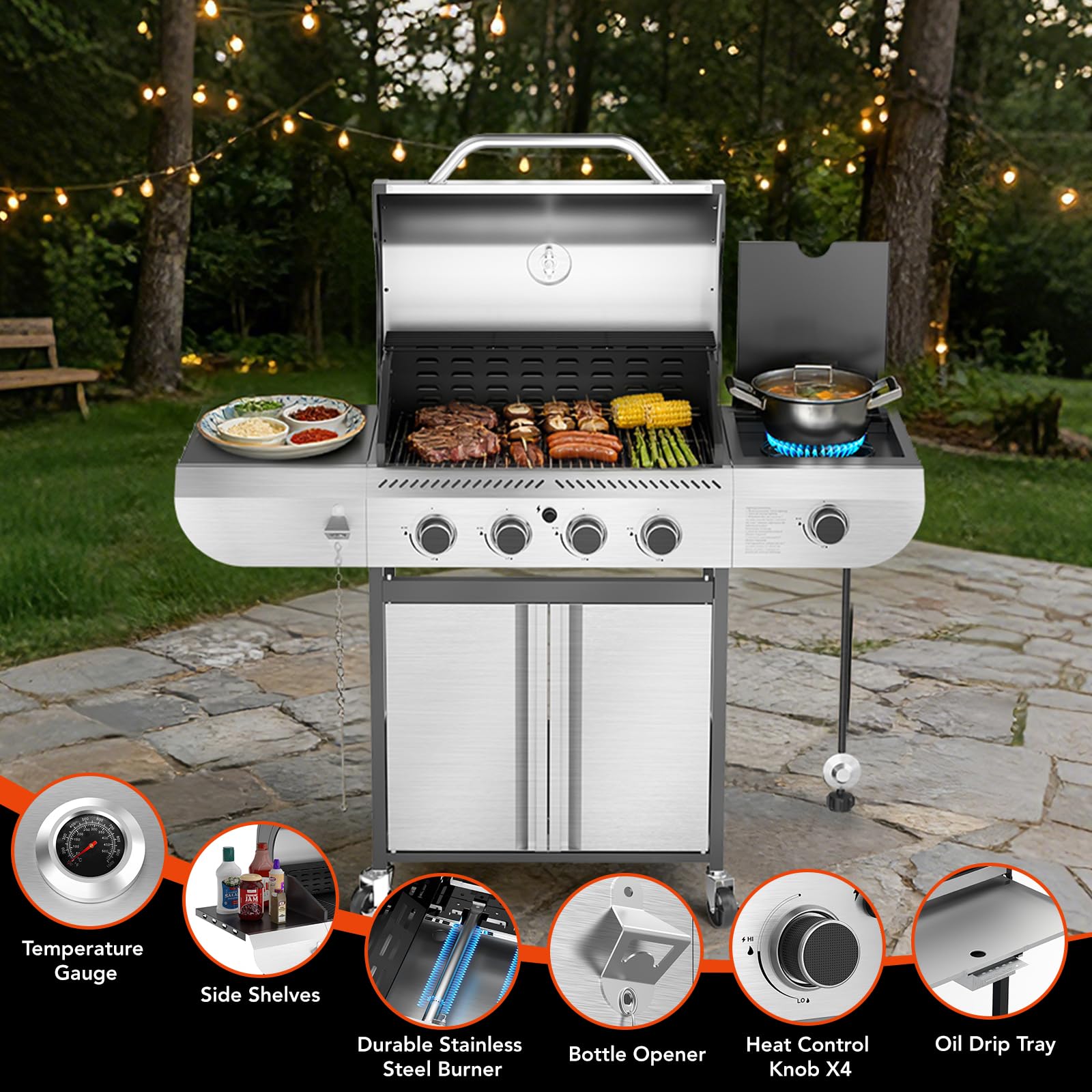 4-Burner Propane Gas Grill Stainless Steel 42000 BTU with Side Burner and Porcelain-Enameled Grates