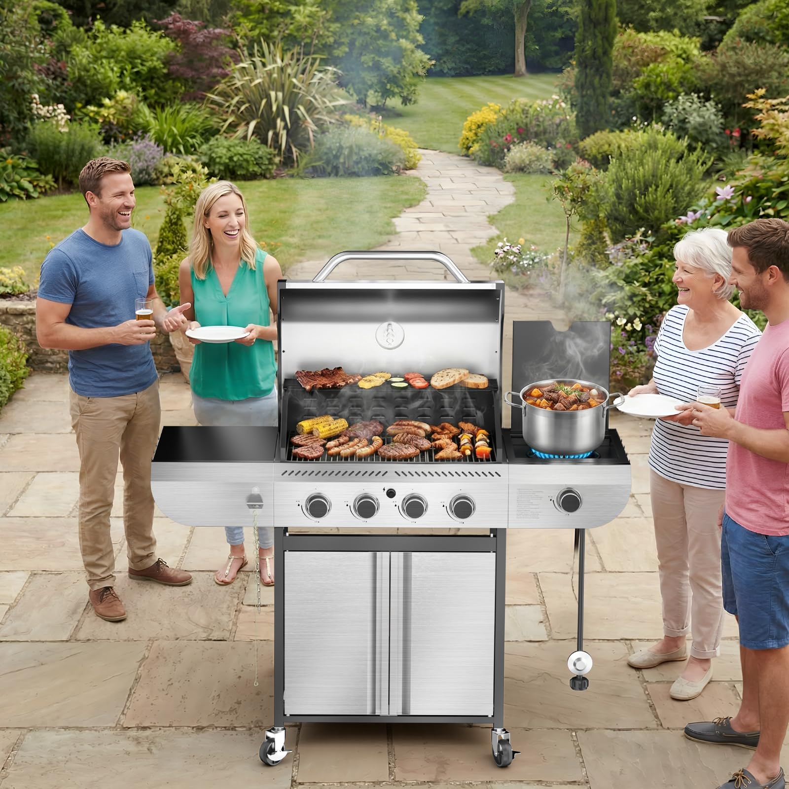4-Burner Propane Gas Grill Stainless Steel 42000 BTU with Side Burner and Porcelain-Enameled Grates