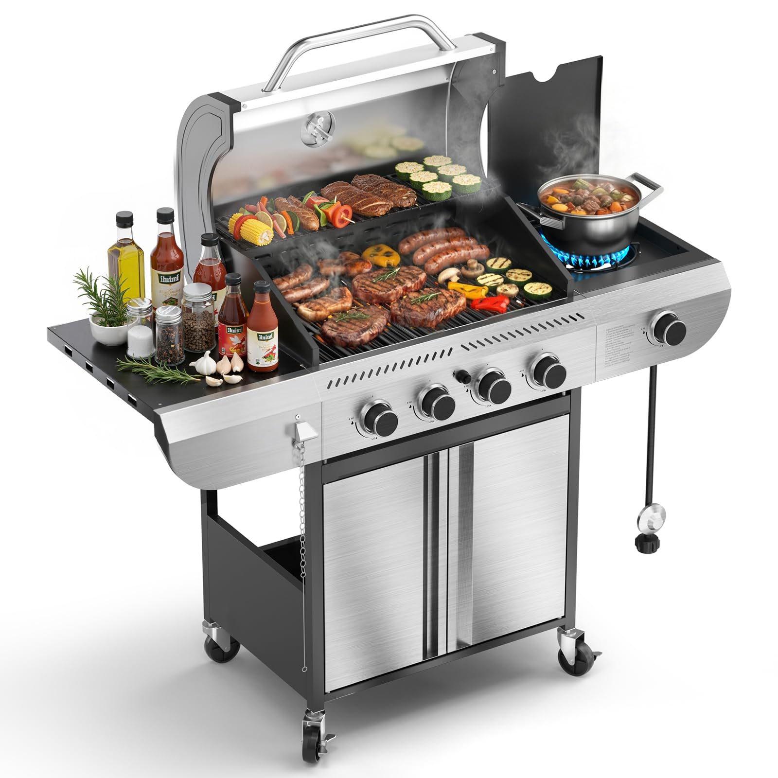 4-Burner Propane Gas Grill Stainless Steel 42000 BTU with Side Burner and Porcelain-Enameled Grates