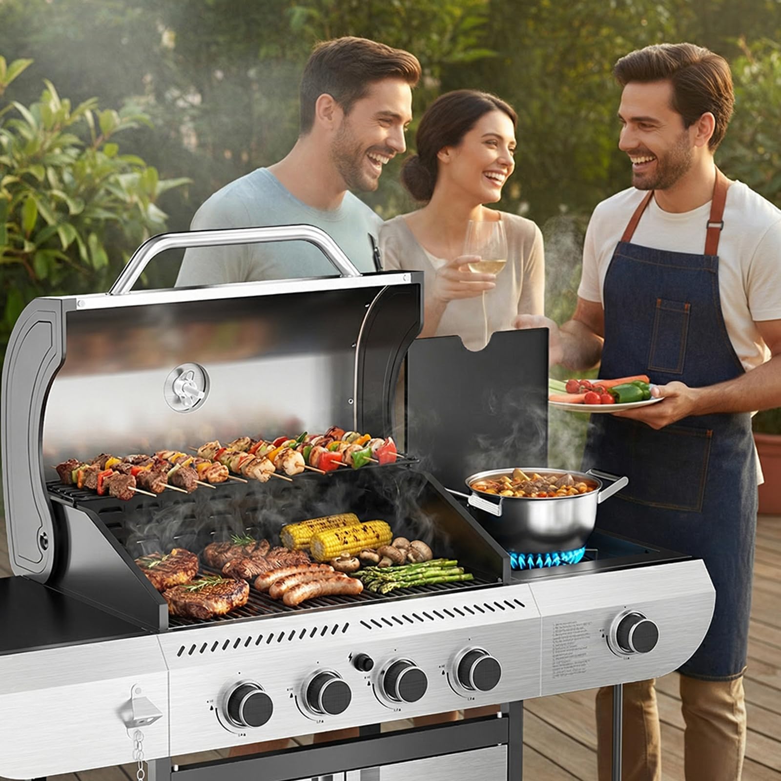 4-Burner Propane Gas Grill Stainless Steel 42000 BTU with Side Burner and Porcelain-Enameled Grates