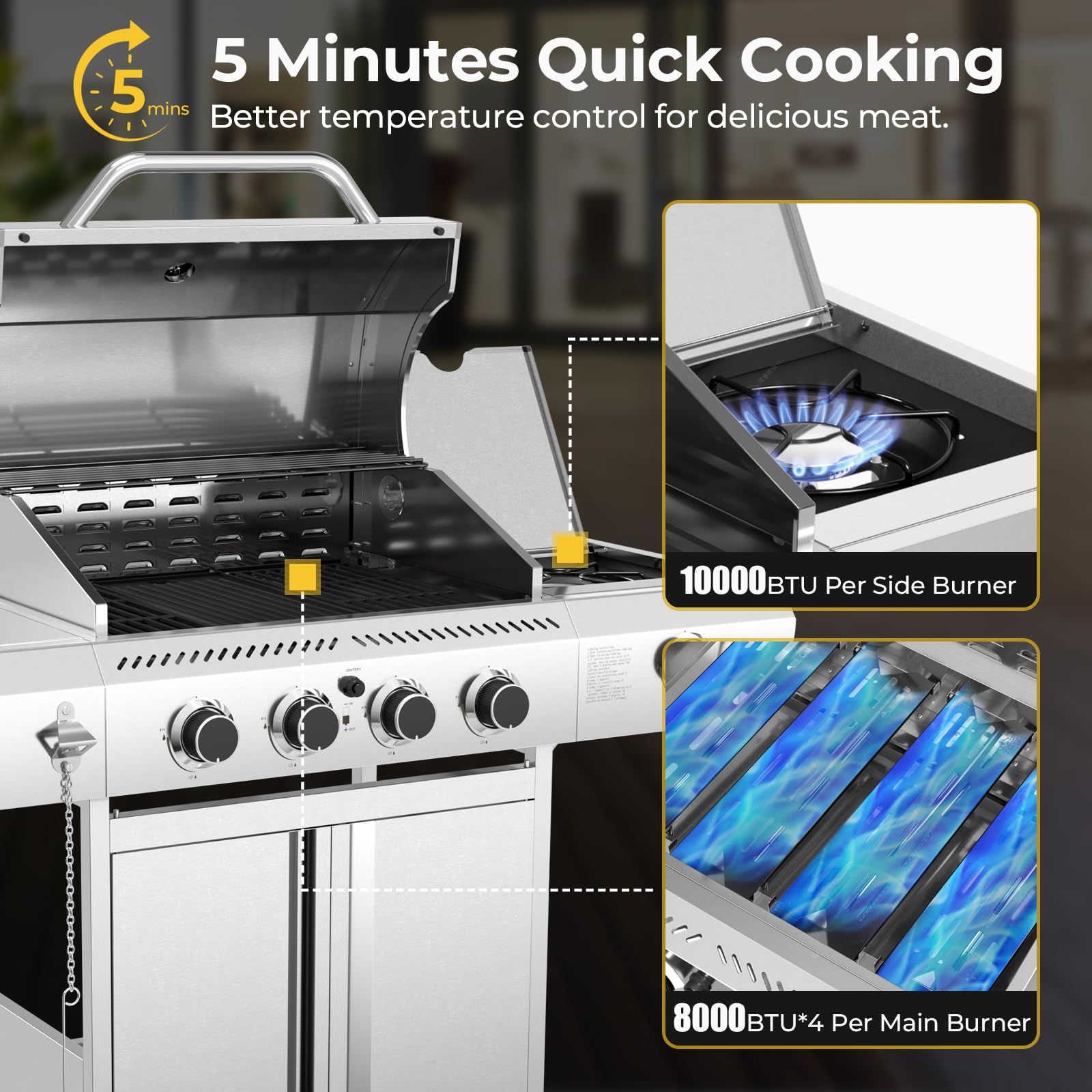 4-Burner Propane Gas Grill Stainless Steel 42000 BTU with Side Burner