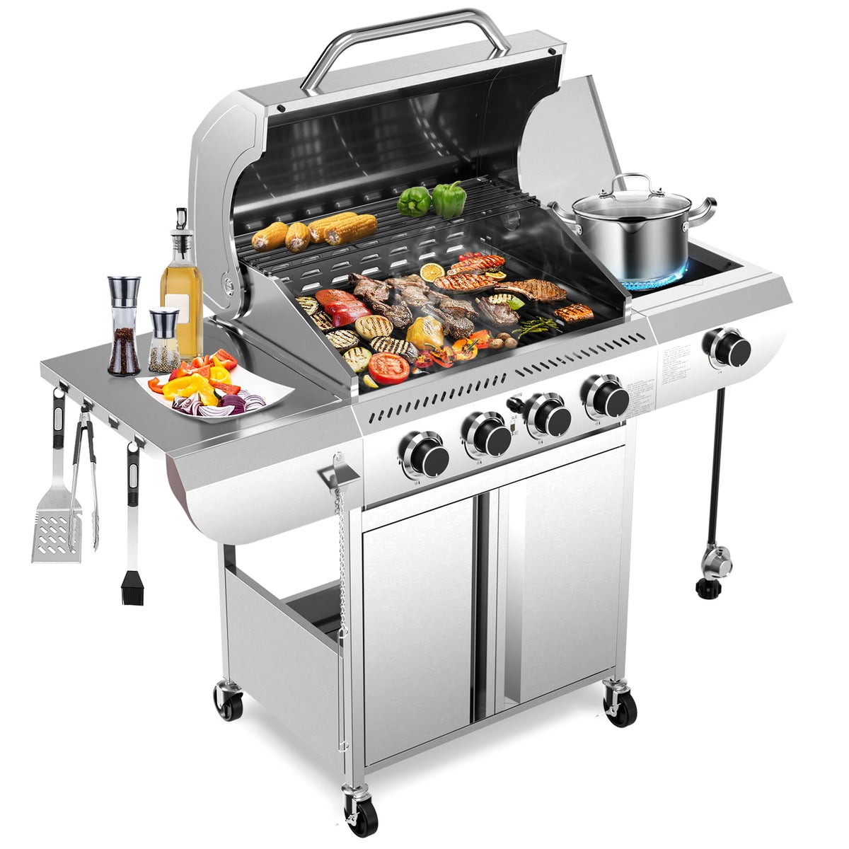 4-Burner Propane Gas Grill Stainless Steel 42000 BTU with Side Burner ...