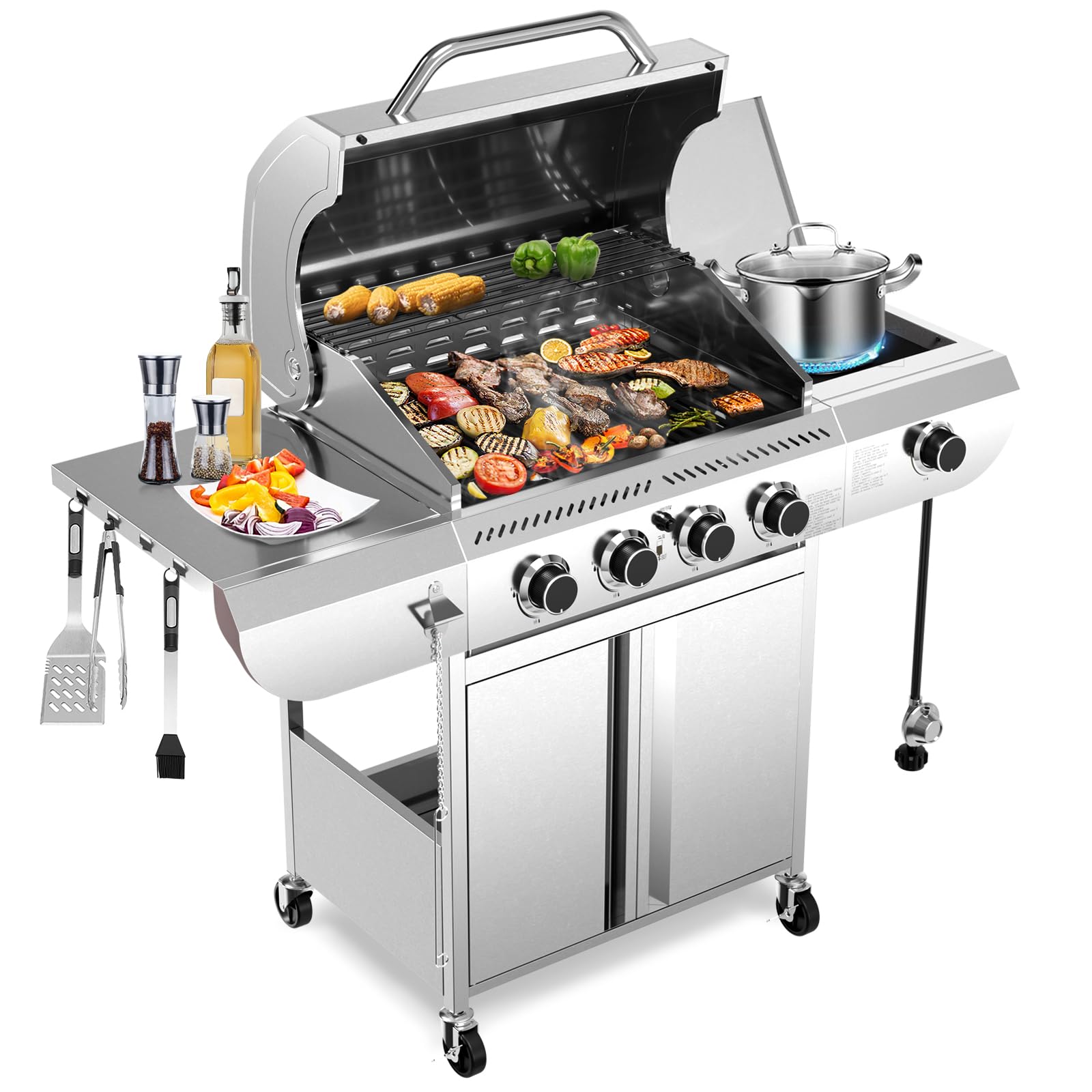 4-Burner Propane Gas Grill Stainless Steel 42000 BTU with Side Burner