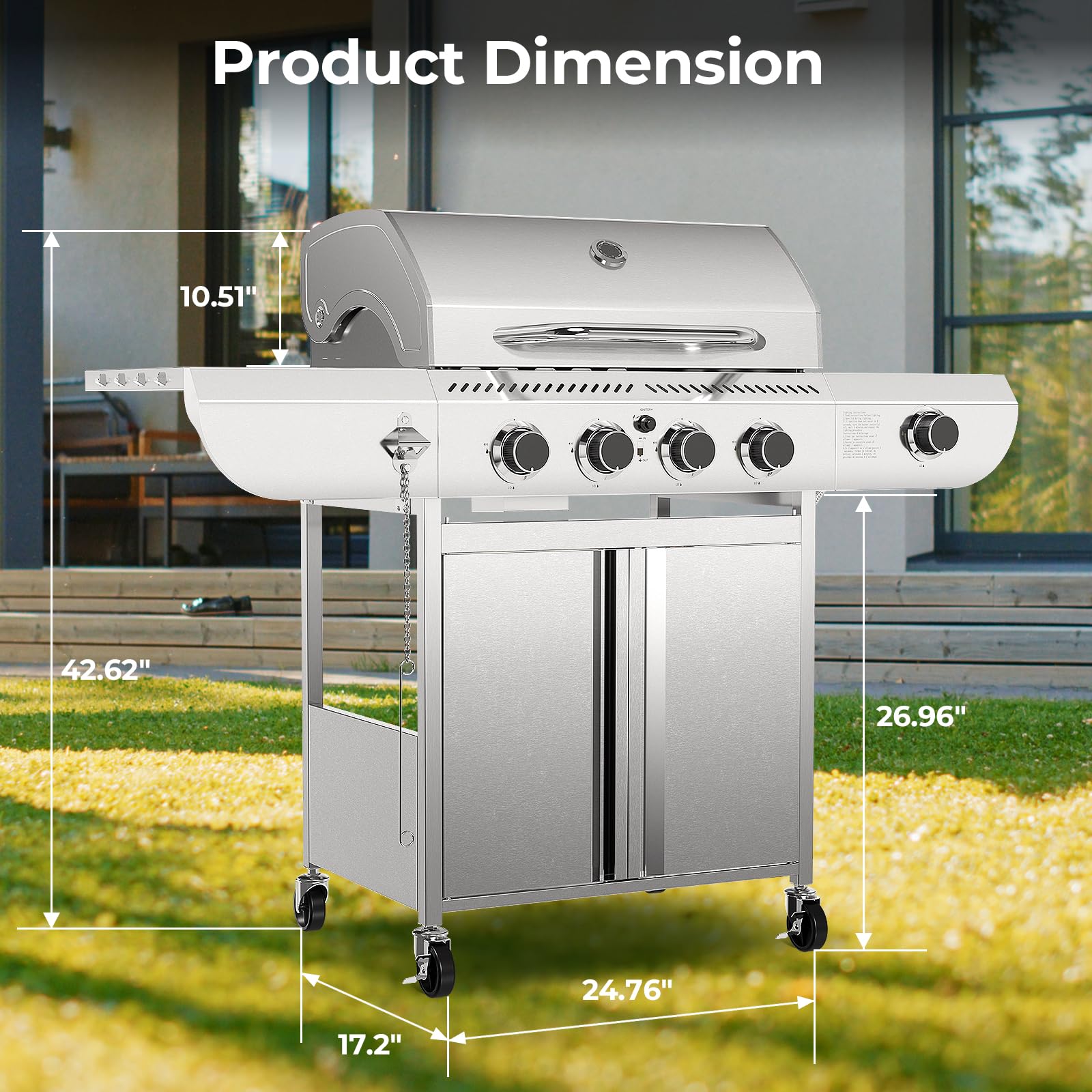 4-Burner Propane Gas Grill Stainless Steel 42000 BTU with Side Burner