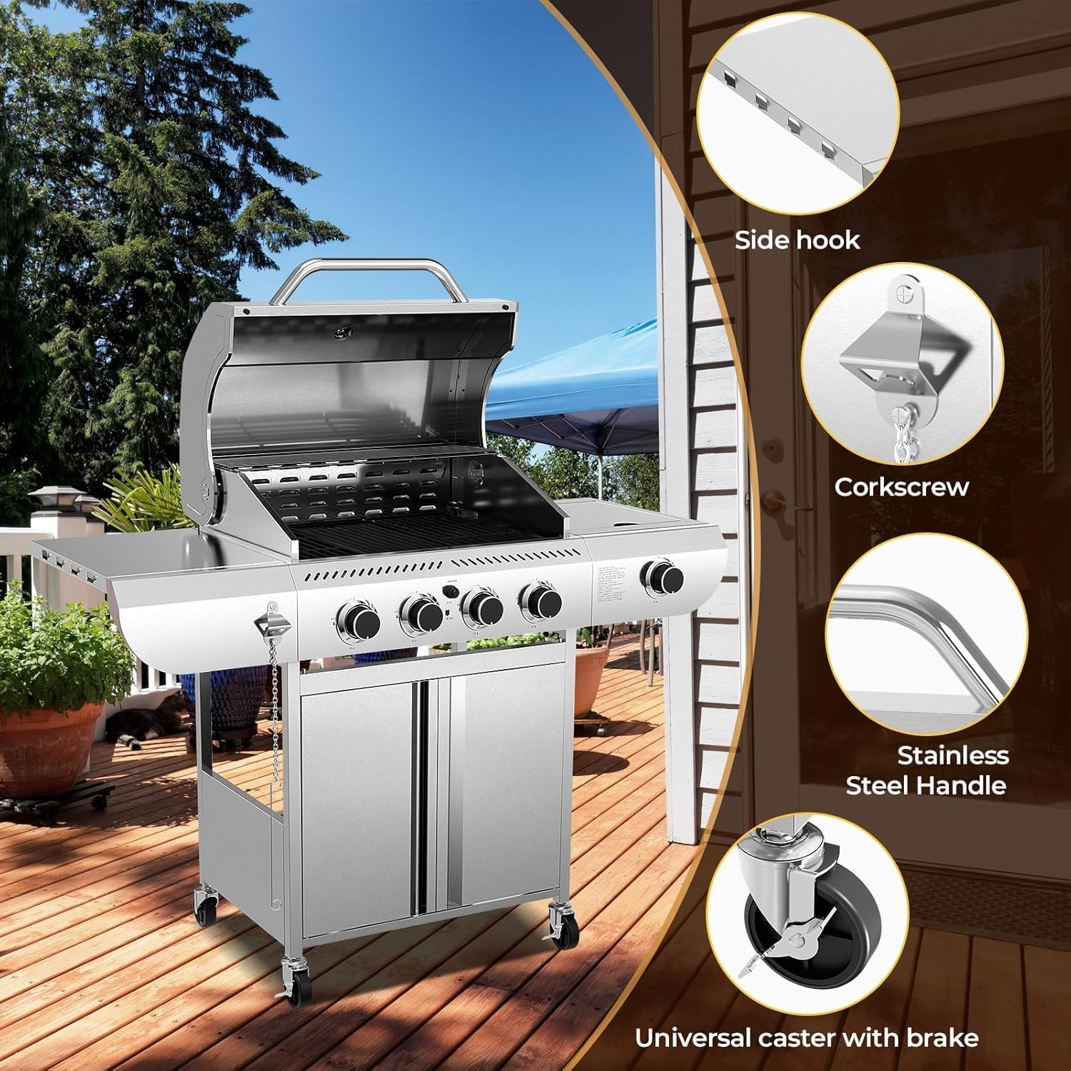 4-Burner Propane Gas Grill Stainless Steel 42000 BTU with Side Burner