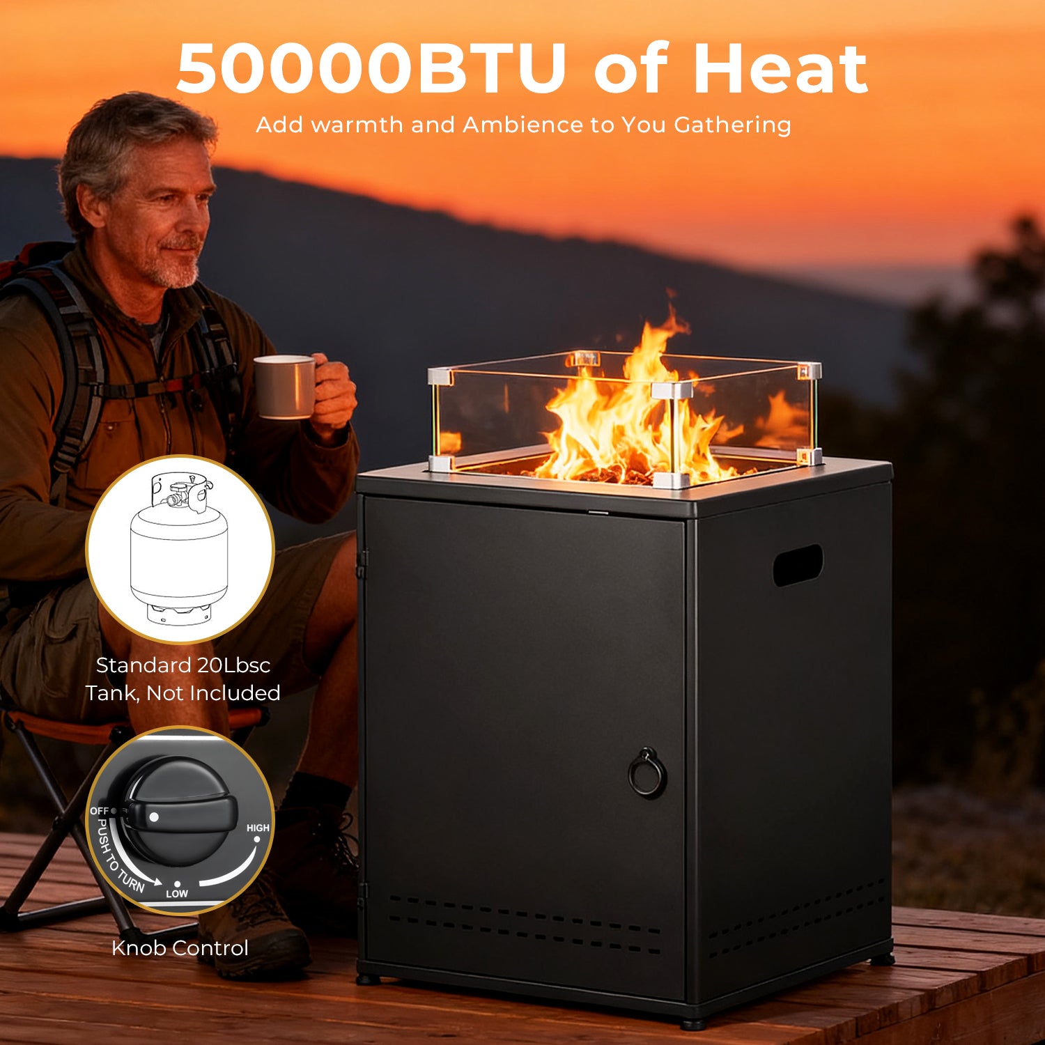 R.W.FLAME 20 Inch Fire Pit Square Gas Fire Table with Lava Rocks and Protective Cover for Backyard