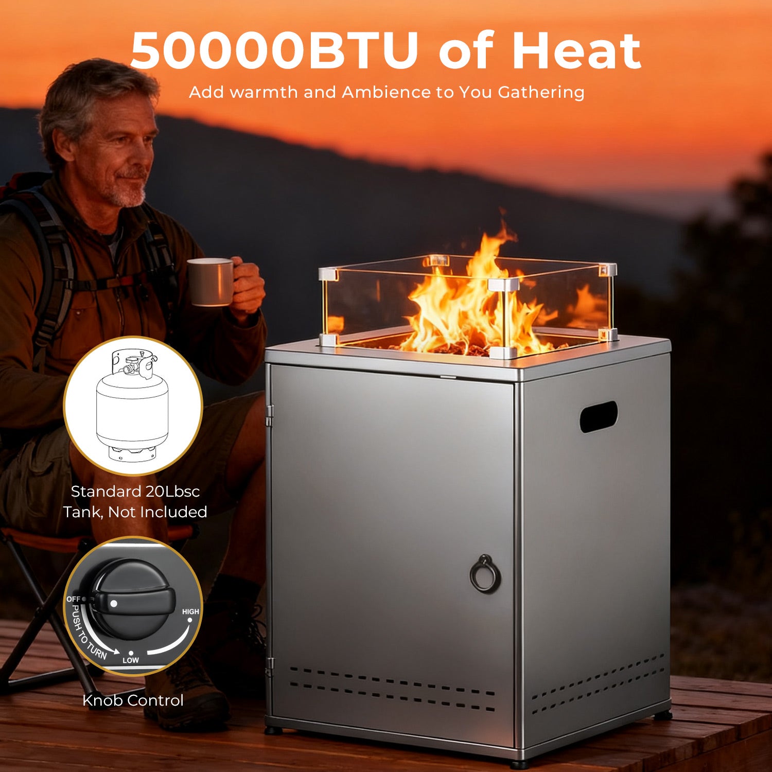 R.W.FLAME 20 Inch Fire Pit Square Gas Fire Table with Lava Rocks and Protective Cover for Backyard