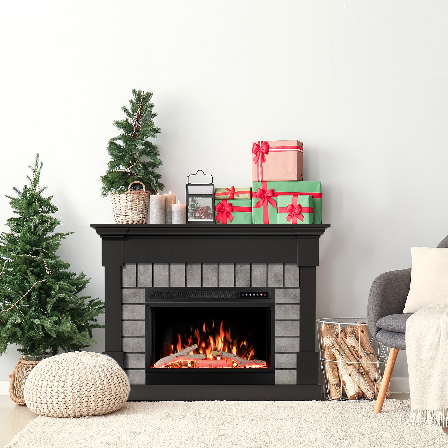 R.W.FLAME 50" Electric Fireplace Mantel Wooden Surround Firebox with Adjustable Led Flame 750W/1500W