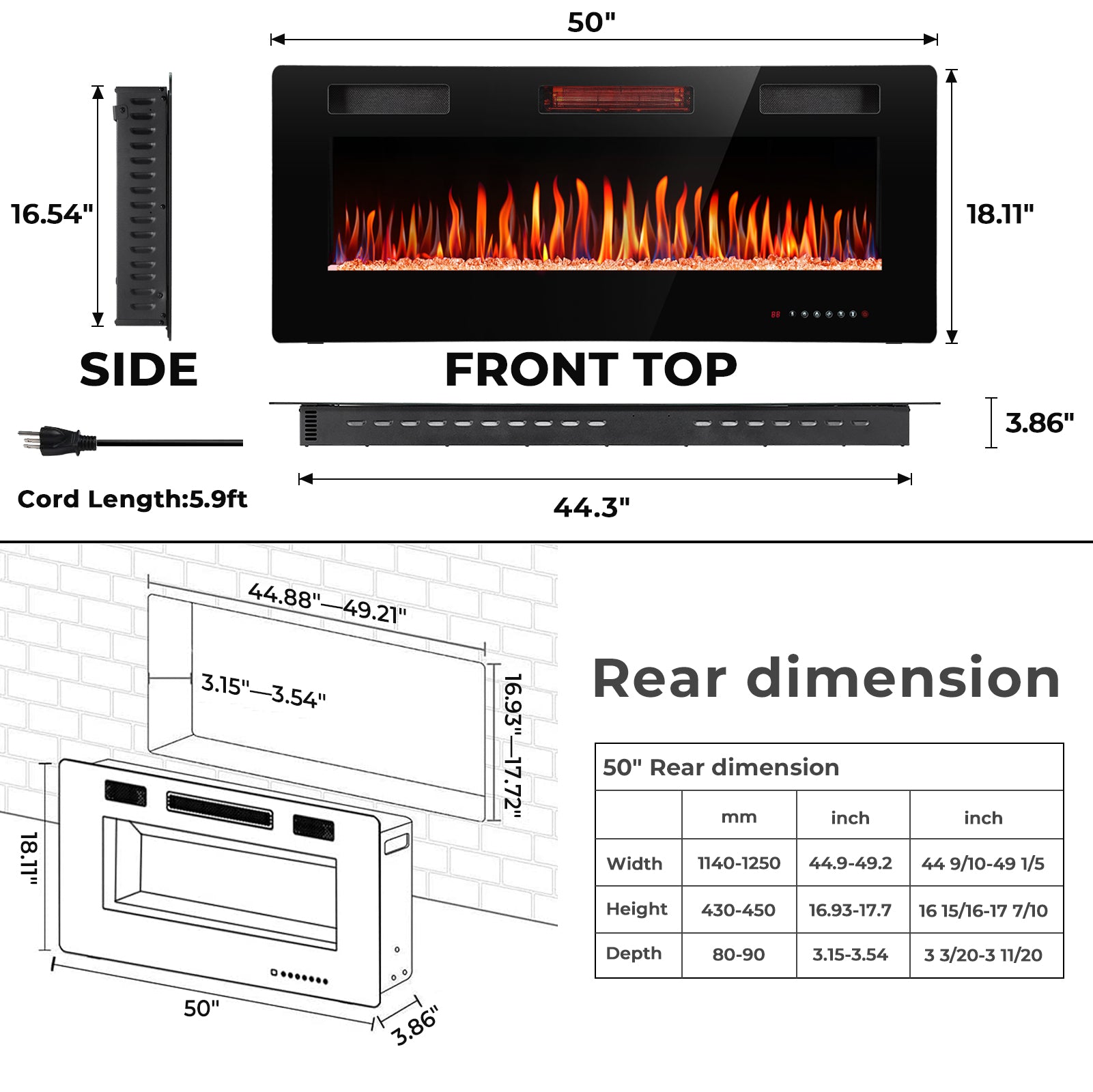 R.W.FLAME 30-68 Inch Recessed and Wall Mounted Electric Fireplace with Remote Control Adjustable Flame Color and Speed, 750-1500W