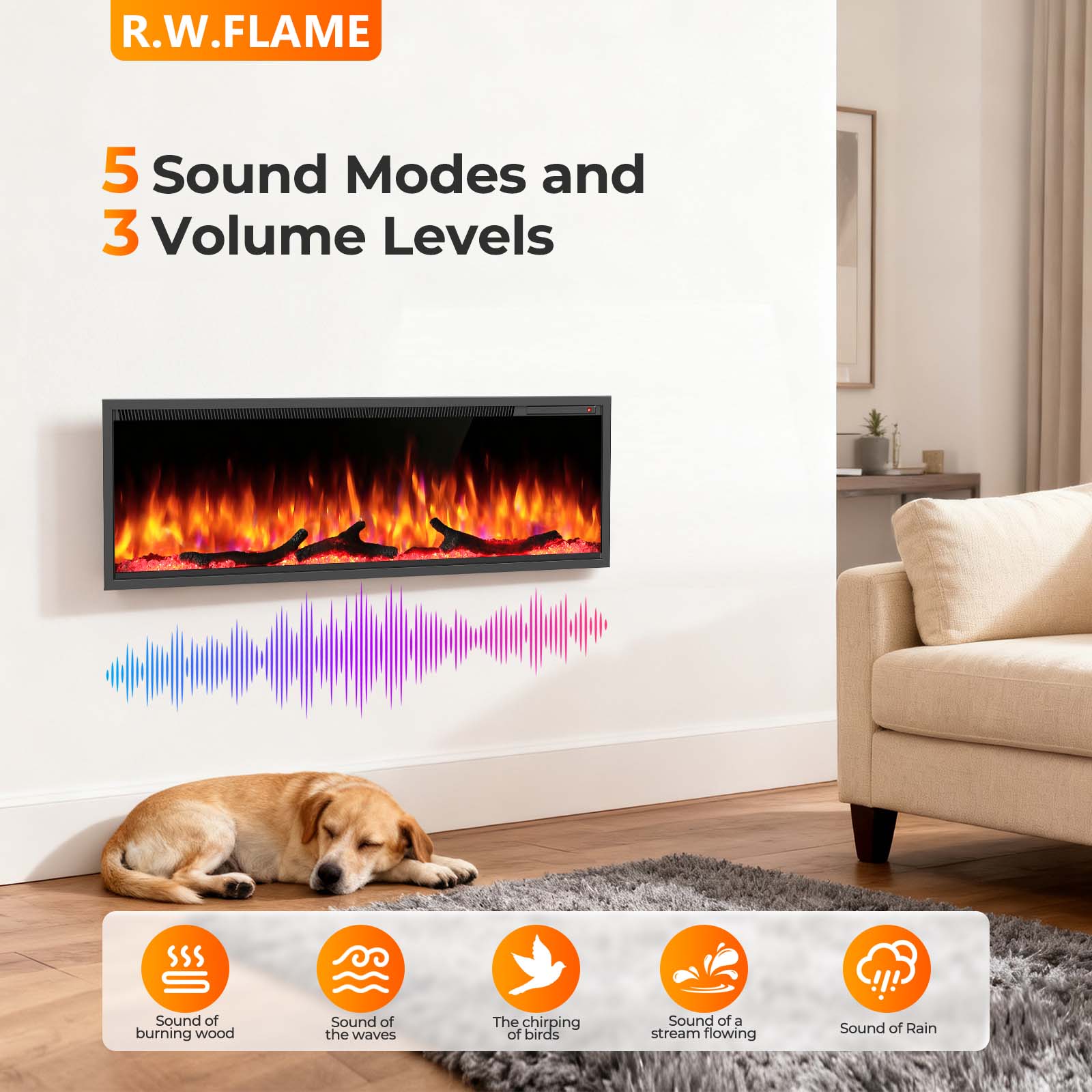 R.W.FLAME 36/50 Inch Smart Electric Fireplace Recessed Wall Mounted with Adjustable Flame Colors and Speed Alexa/WiFi Enabled