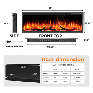 R.W.FLAME 36/50 Inch Smart Electric Fireplace Recessed Wall Mounted with Adjustable Flame Colors and Speed Alexa/WiFi Enabled