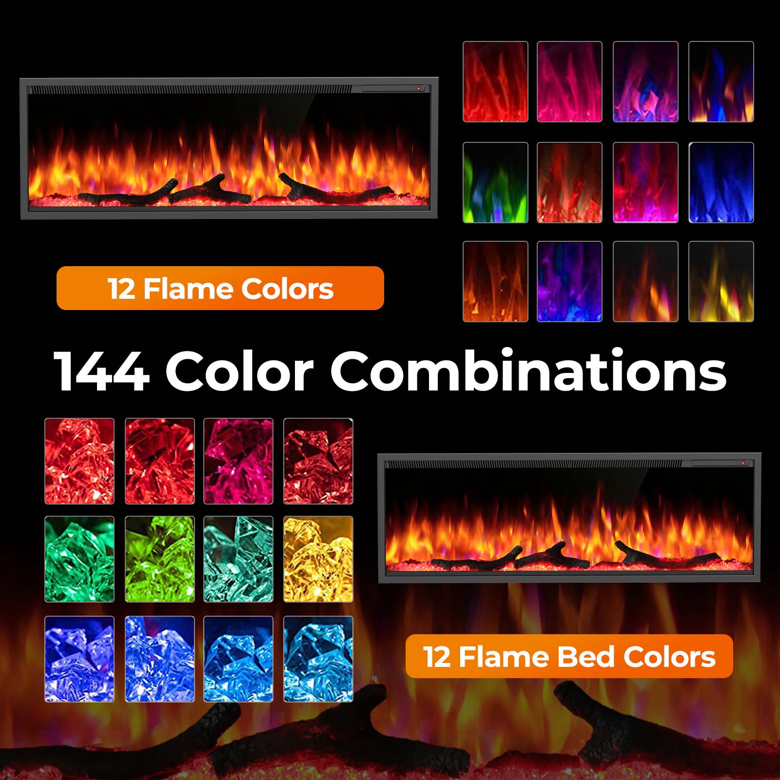 R.W.FLAME 36/50 Inch Smart Electric Fireplace Recessed Wall Mounted with Adjustable Flame Colors and Speed Alexa/WiFi Enabled