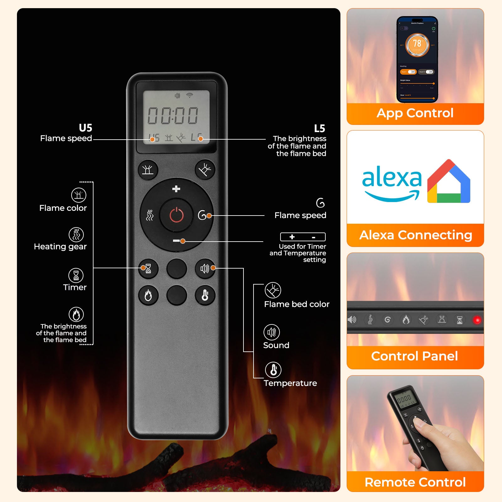 R.W.FLAME 36/50 Inch Smart Electric Fireplace Recessed Wall Mounted with Adjustable Flame Colors and Speed Alexa/WiFi Enabled