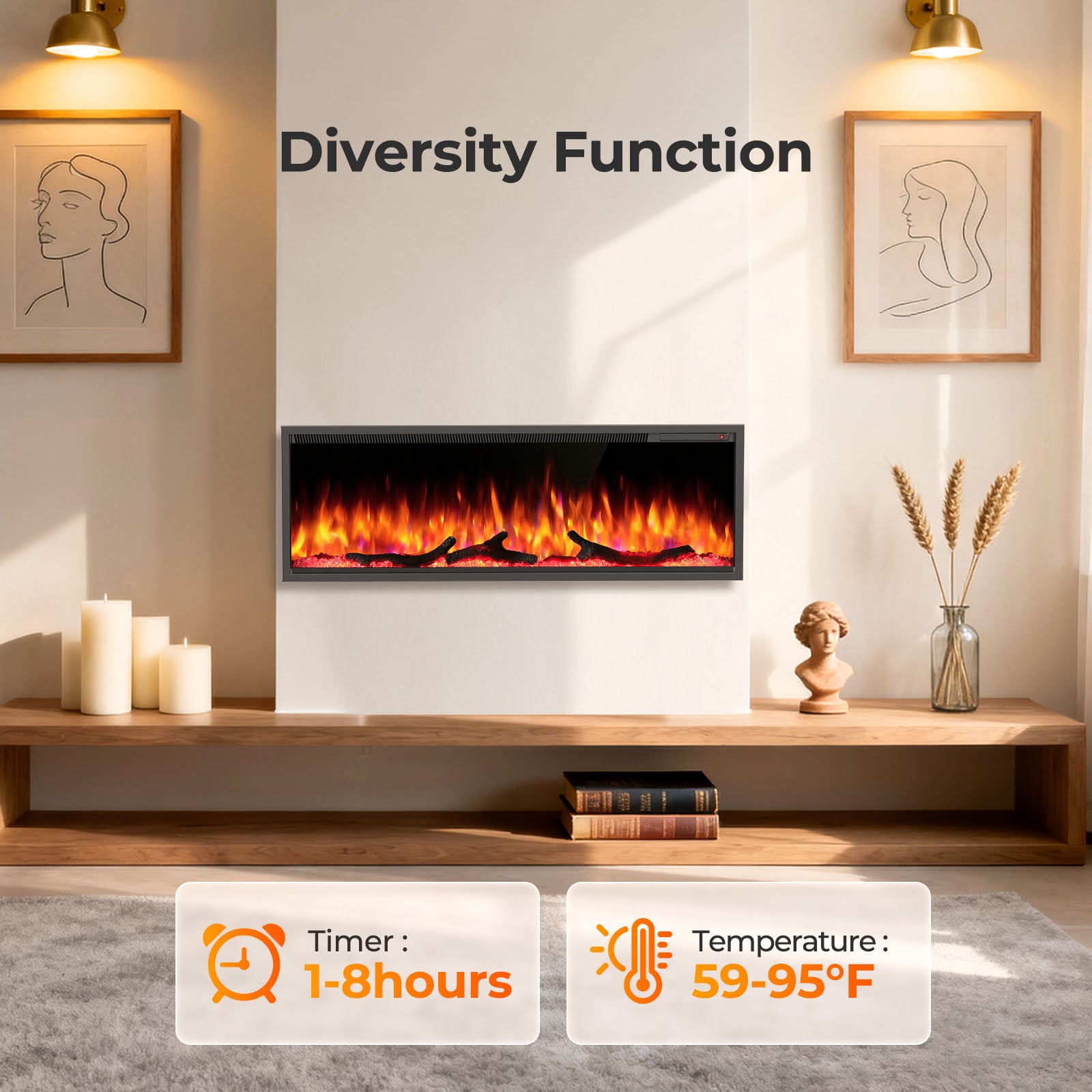 Smart Electric Fireplace Recessed Wall Mounted 36/50 Inch Alexa/WiFi Enabled C4