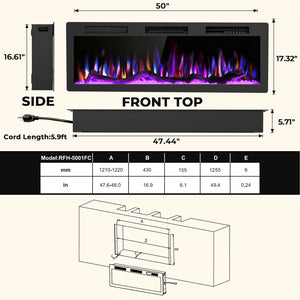 R.W.FLAME 50 Inch Smart Electric Fireplace Recessed Wall Mounted Alexa/WiFi Enabled APP Control