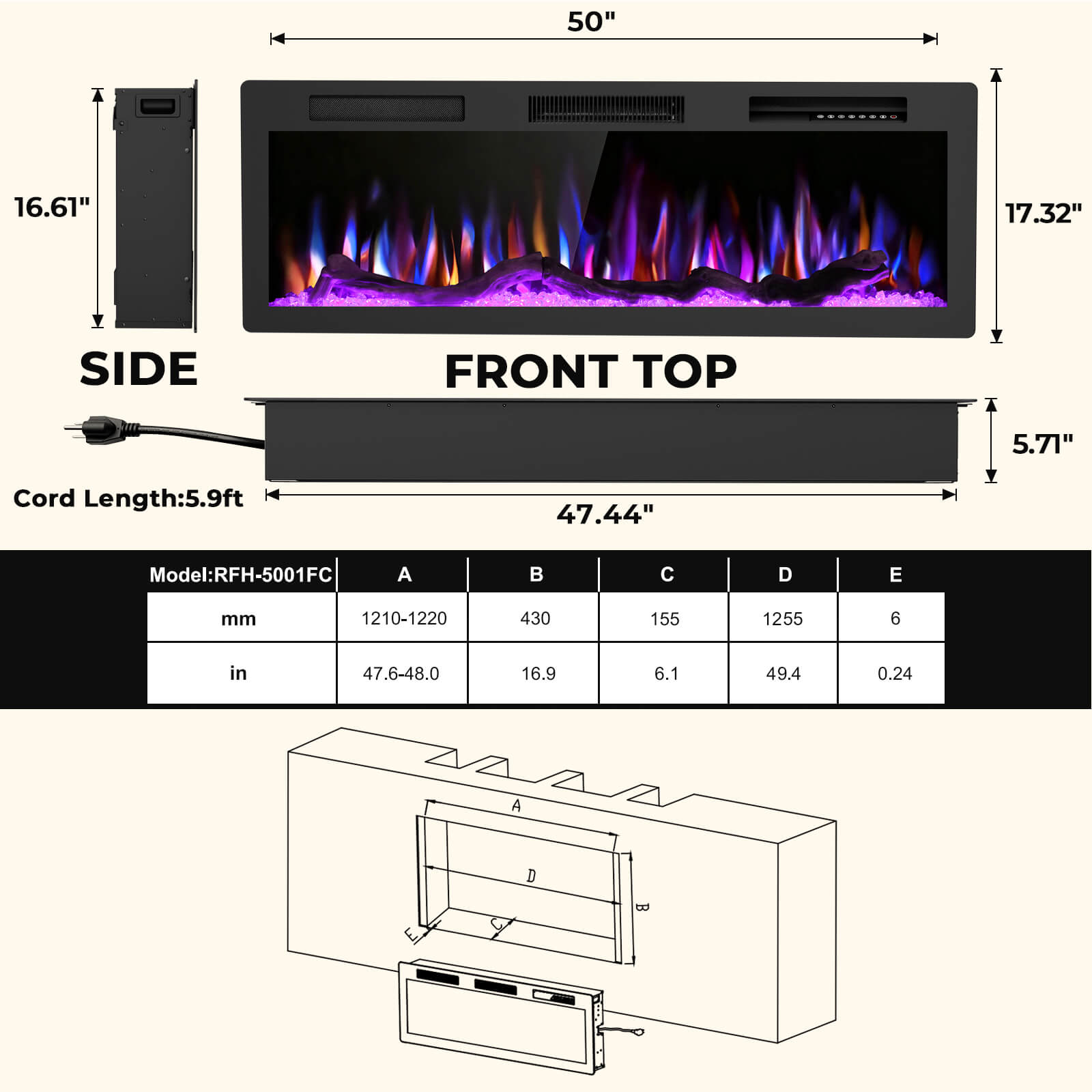 R.W.FLAME 50 Inch Smart Electric Fireplace Recessed Wall Mounted Alexa/WiFi Enabled APP Control