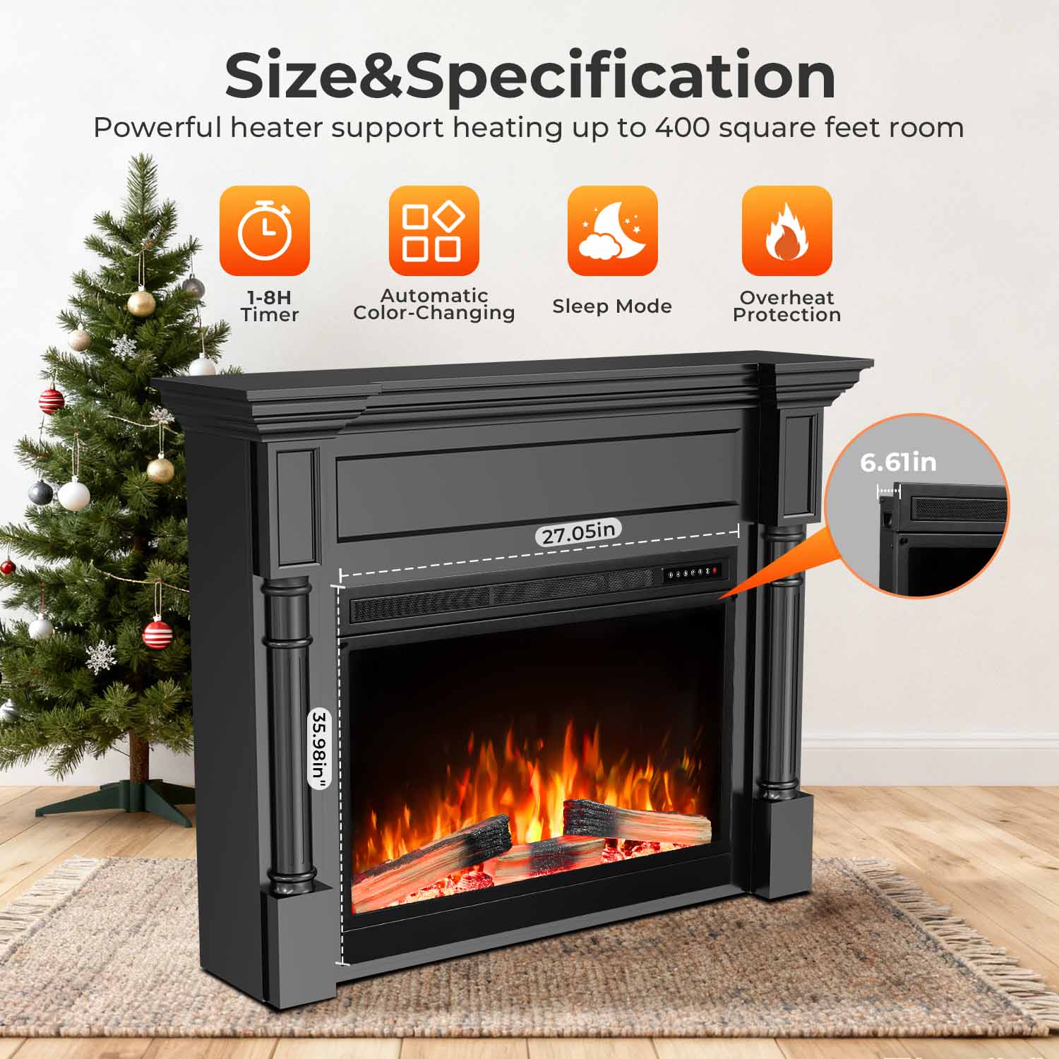 R.W.FLAME 55 Inch Electric Fireplace Mantel with Adjustable Flame, 8H Timer and 750W/1500W Heating