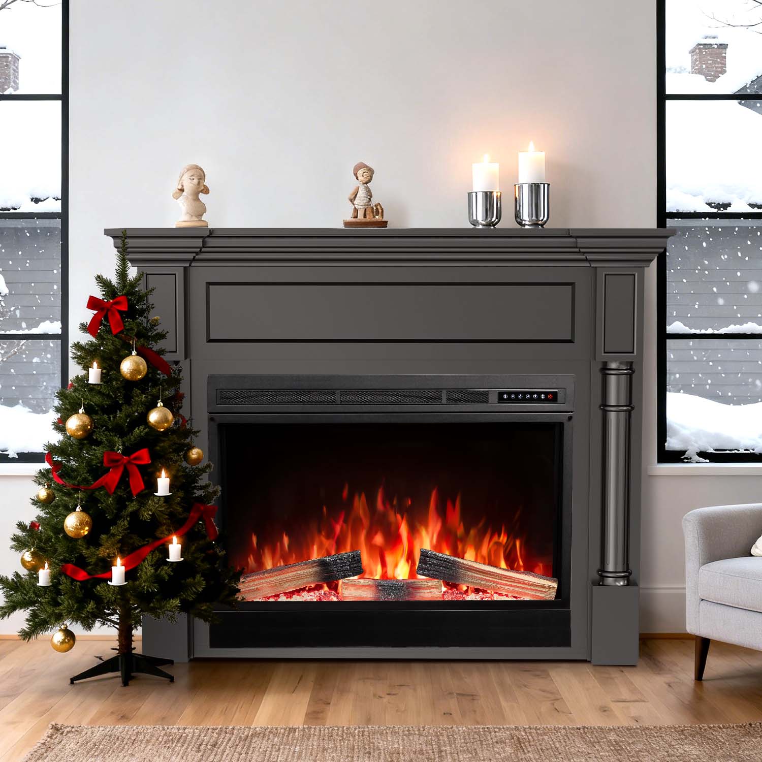 R.W.FLAME 55 Inch Electric Fireplace Mantel with Adjustable Flame, 8H Timer and 750W/1500W Heating