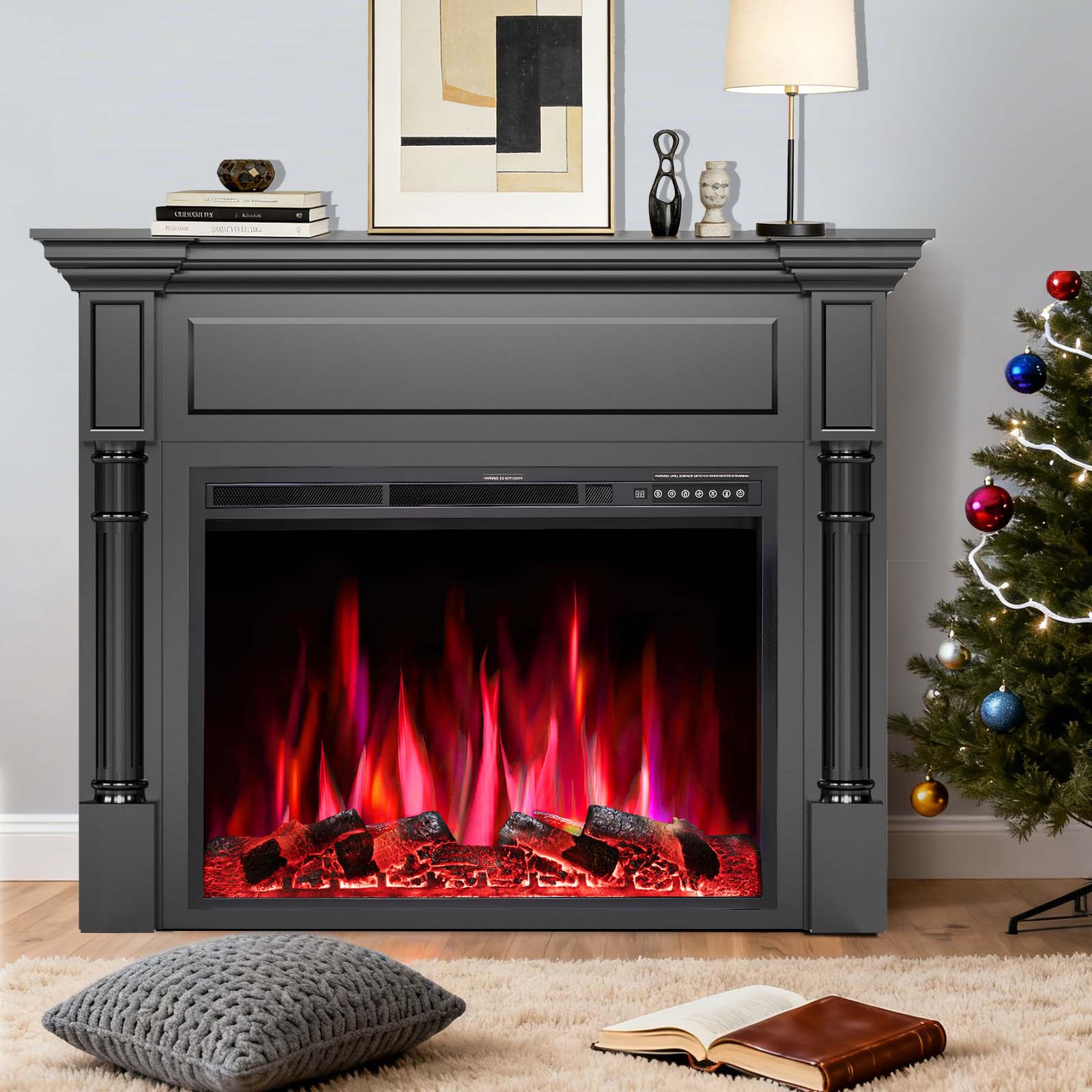 R.W.FLAME 55 Inch Electric Fireplace Mantel with Adjustable Flame, 8H Timer and 750W/1500W Heating