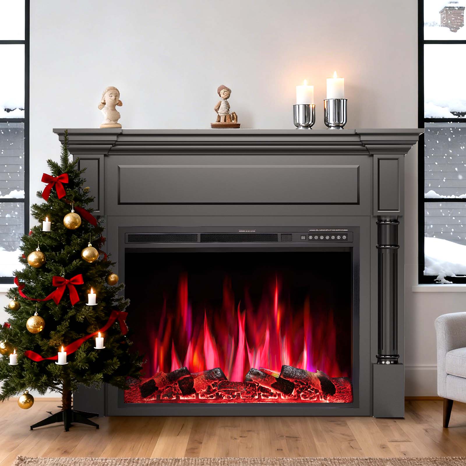 R.W.FLAME 55 Inch Electric Fireplace Mantel with Adjustable Flame, 8H Timer and 750W/1500W Heating