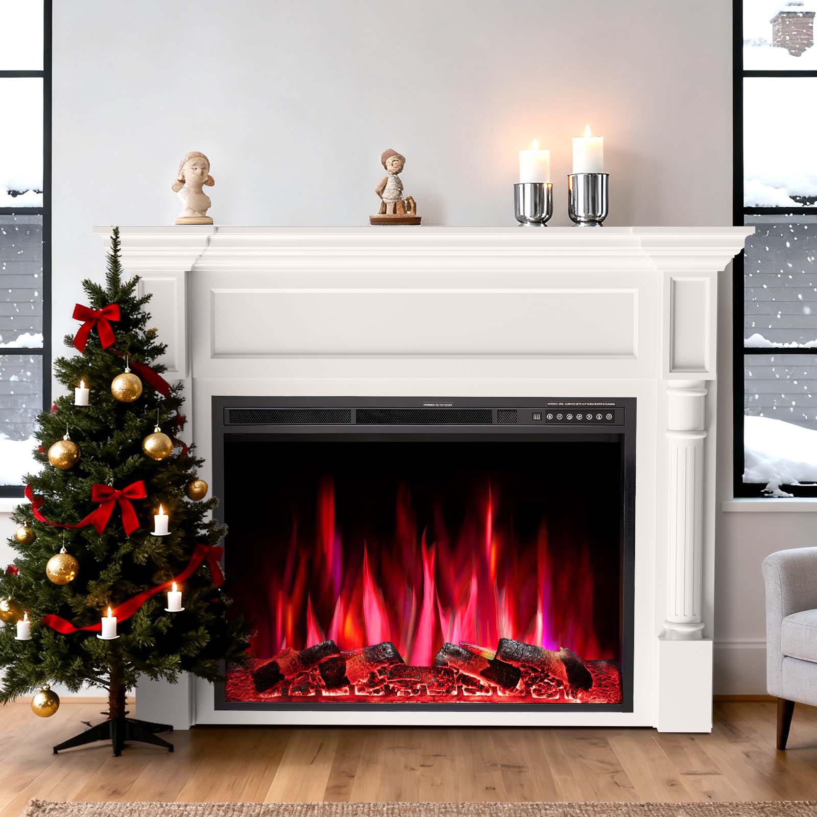 R.W.FLAME 55 Inch Electric Fireplace Mantel with Adjustable Flame, 8H Timer and 750W/1500W Heating
