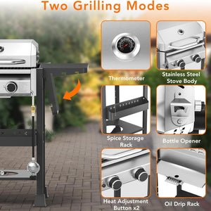Propane Gas BBQ Grill 2-Burner Barbecue Grills with Cast Iron Frying Pan and Grates Combo, 16000 BTU Output Stainless Steel Grill for Outdoor Cooking, Patio, Backyard Party R.W.FLAME