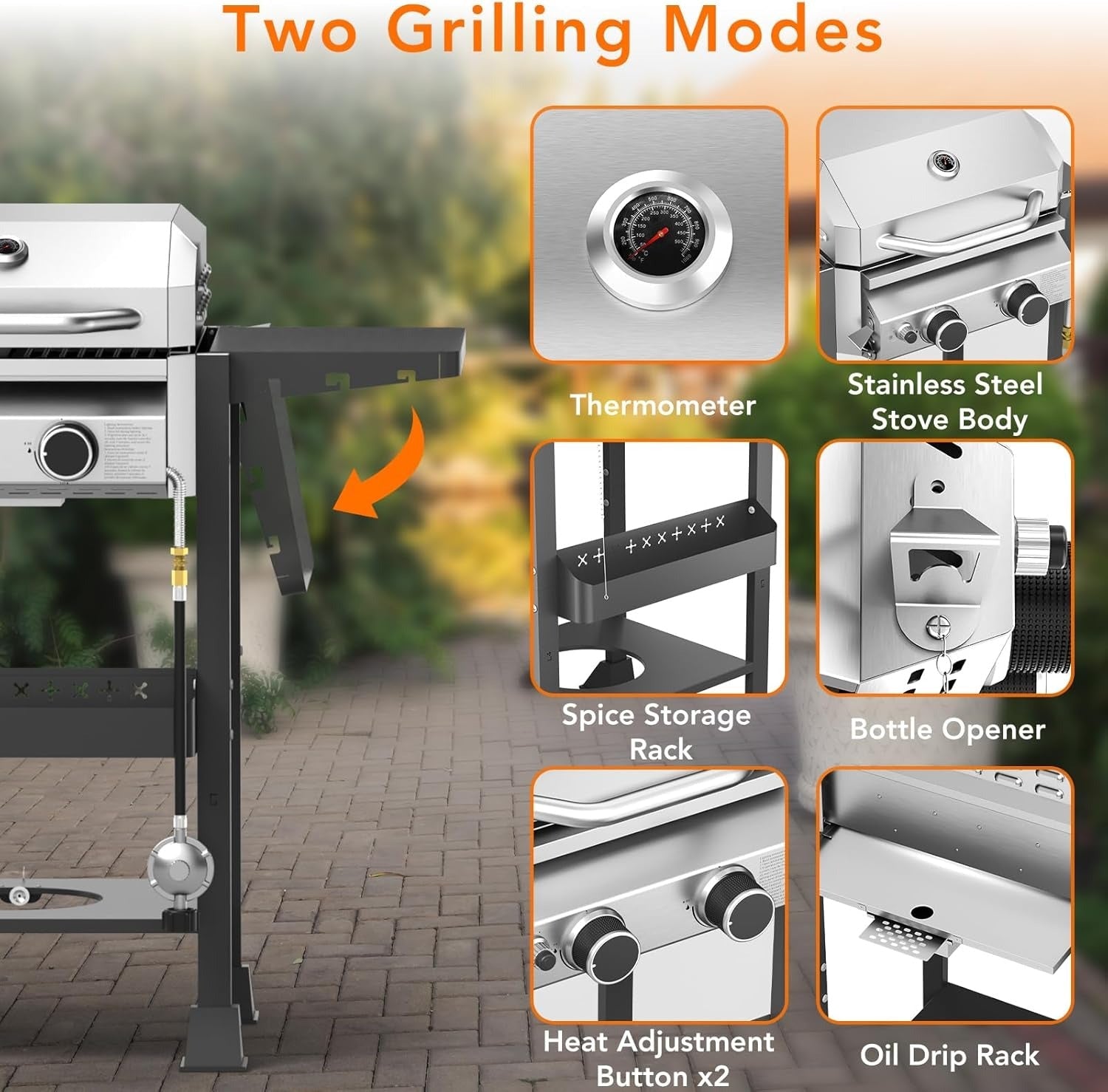 Propane Gas BBQ Grill 2-Burner Barbecue Grills with Cast Iron Frying Pan and Grates Combo, 16000 BTU Output Stainless Steel Grill for Outdoor Cooking, Patio, Backyard Party R.W.FLAME