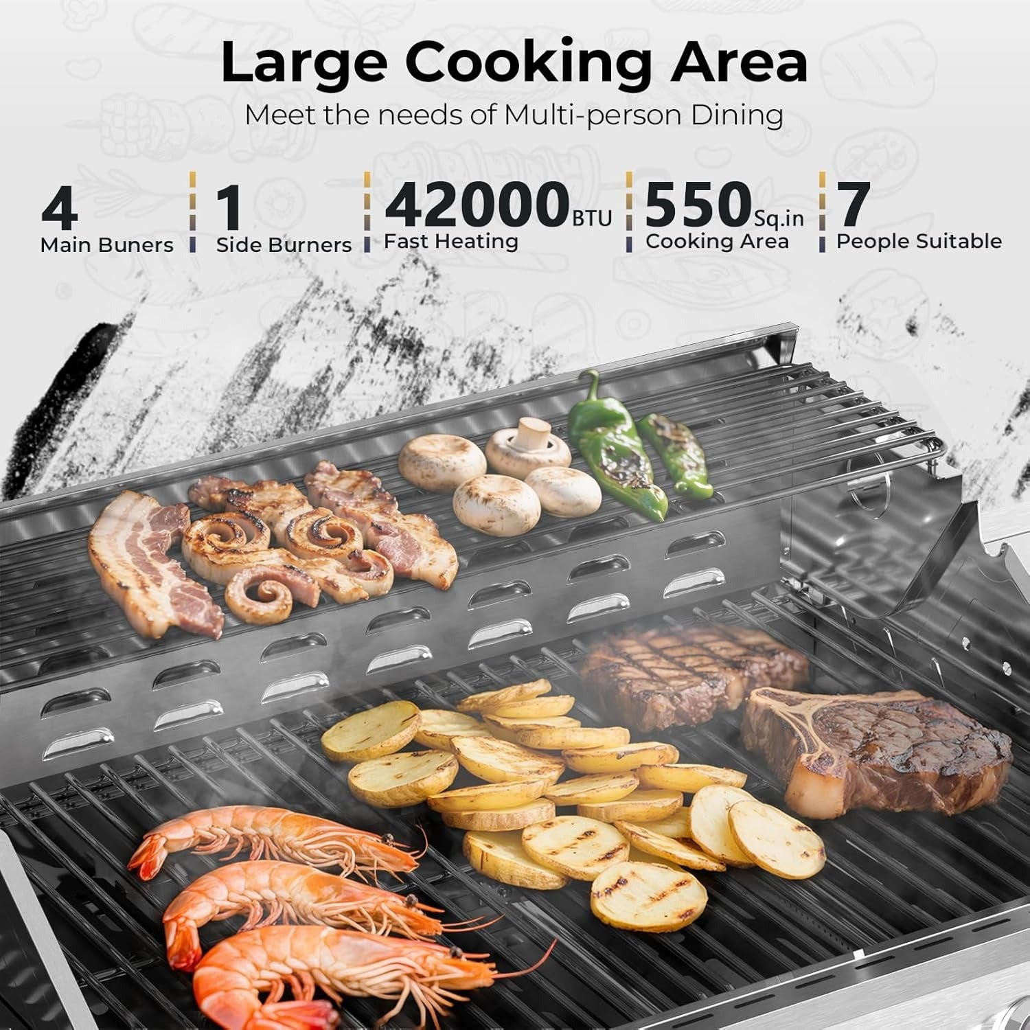 R.W.FLAME Food Grade 304 Stainless Steel 4-Burner Propane Gas Grill, Last-Long BBQ Grill with Side Burner, 42000 BTU Barbecue Grill with Cooking Grids & Cooking Tray & Pizza Stone for Backyard, Patio