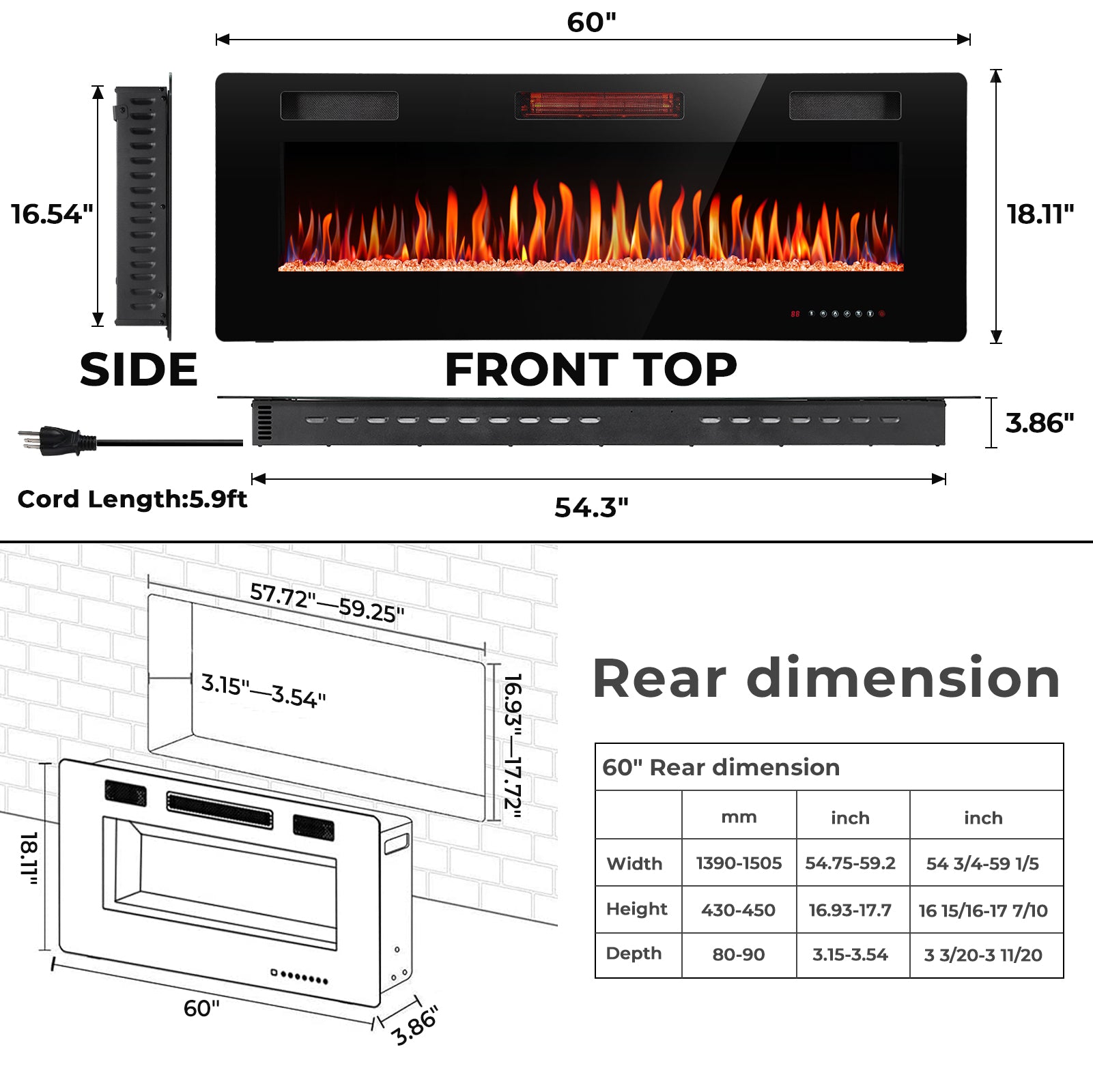 R.W.FLAME 30-68 Inch Recessed and Wall Mounted Electric Fireplace with Remote Control Adjustable Flame Color and Speed, 750-1500W