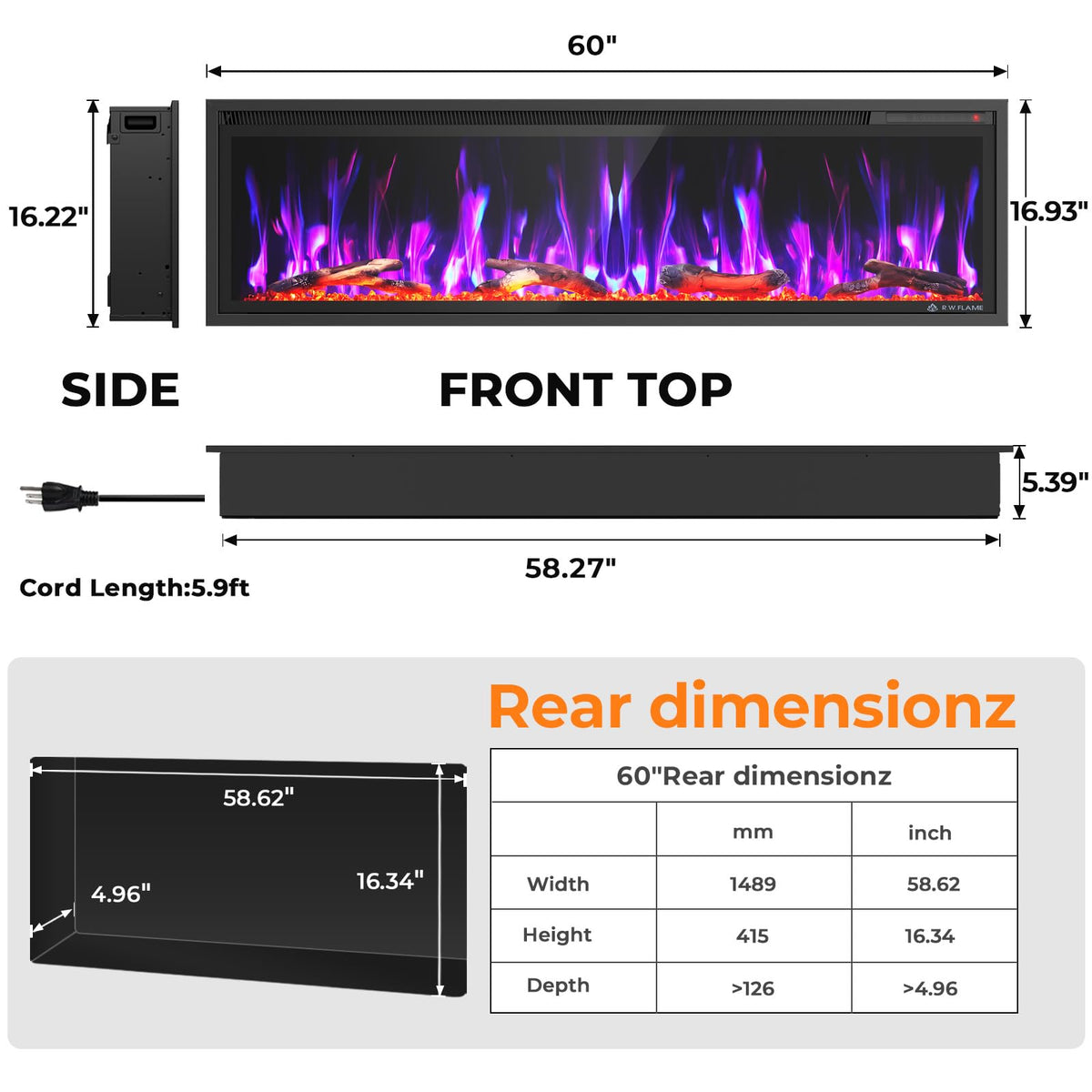 36/42/50/60 Inch Smart Electric Fireplace Recessed Wall Mounted Alexa/WiFi Enabled C4