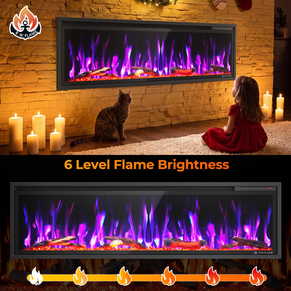 36/42/50/60 Inch Smart Electric Fireplace Recessed Wall Mounted Alexa/WiFi Enabled C4