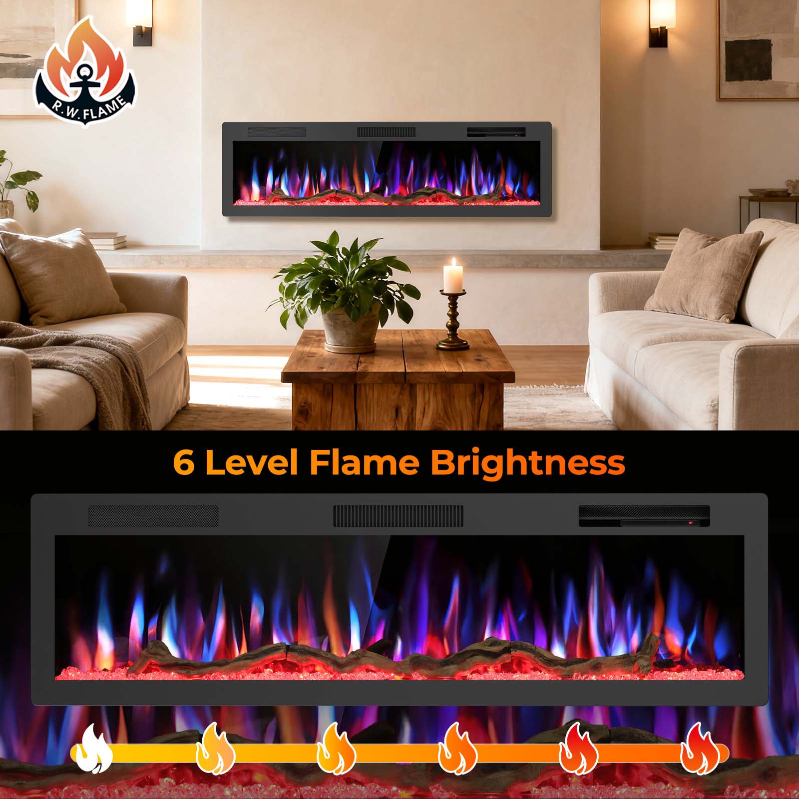 R.W.FLAME 50/60 Inch Smart Electric Fireplace Recessed Wall Mounted Alexa/WiFi Enabled APP Control C6
