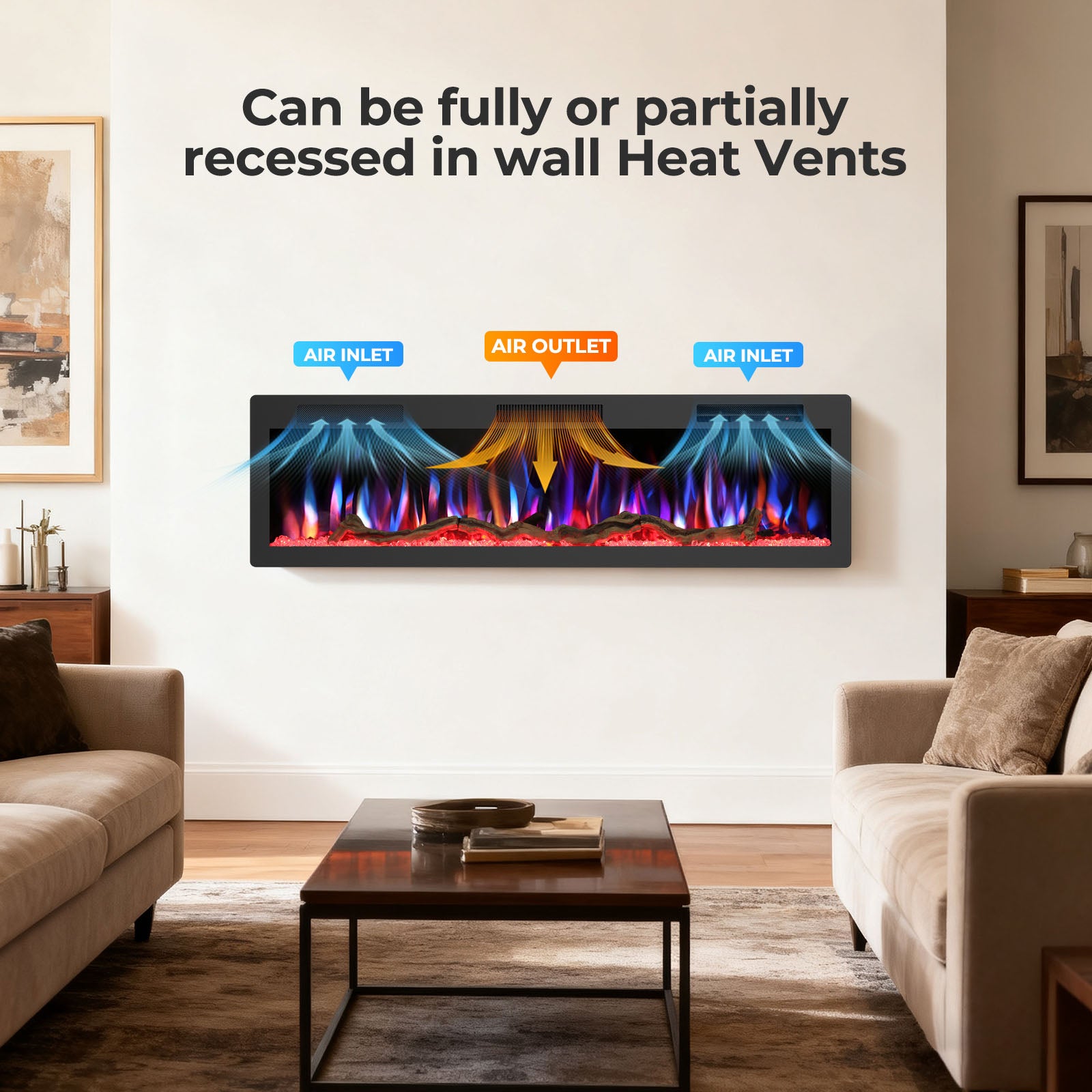 R.W.FLAME 50/60 Inch Smart Electric Fireplace Recessed Wall Mounted Alexa/WiFi Enabled APP Control C6