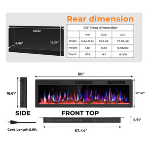 R.W.FLAME 50/60 Inch Smart Electric Fireplace Recessed Wall Mounted Alexa/WiFi Enabled APP Control C6