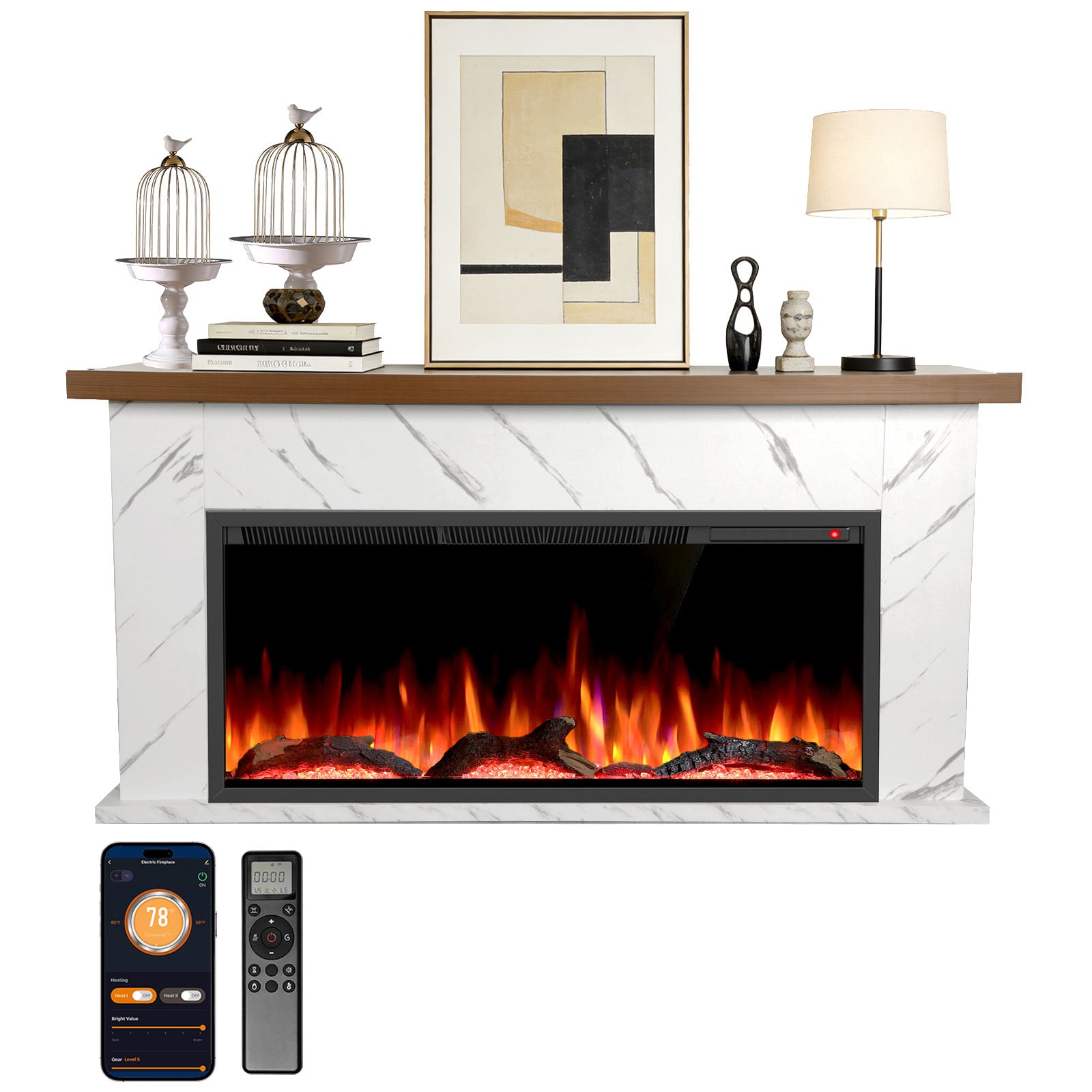 R.W.FLAME 63 Inch Electric Fireplace Mantel Wooden Surround Firebox with Adjustable Led Flame