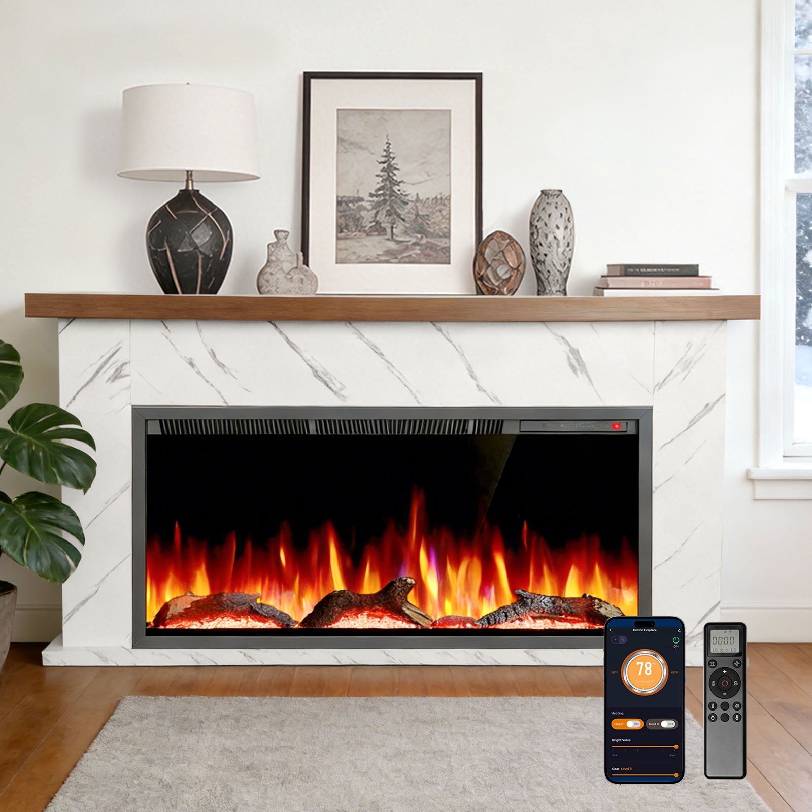 R.W.FLAME 63 Inch Electric Fireplace Mantel Wooden Surround Firebox with Adjustable Led Flame