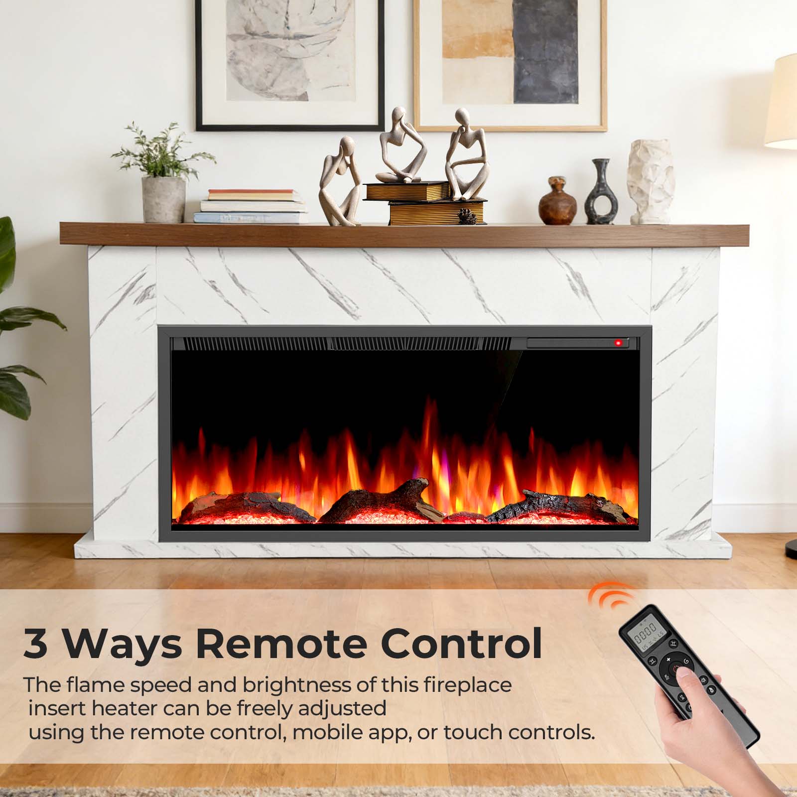 R.W.FLAME 63 Inch Electric Fireplace Mantel Wooden Surround Firebox with Adjustable Led Flame