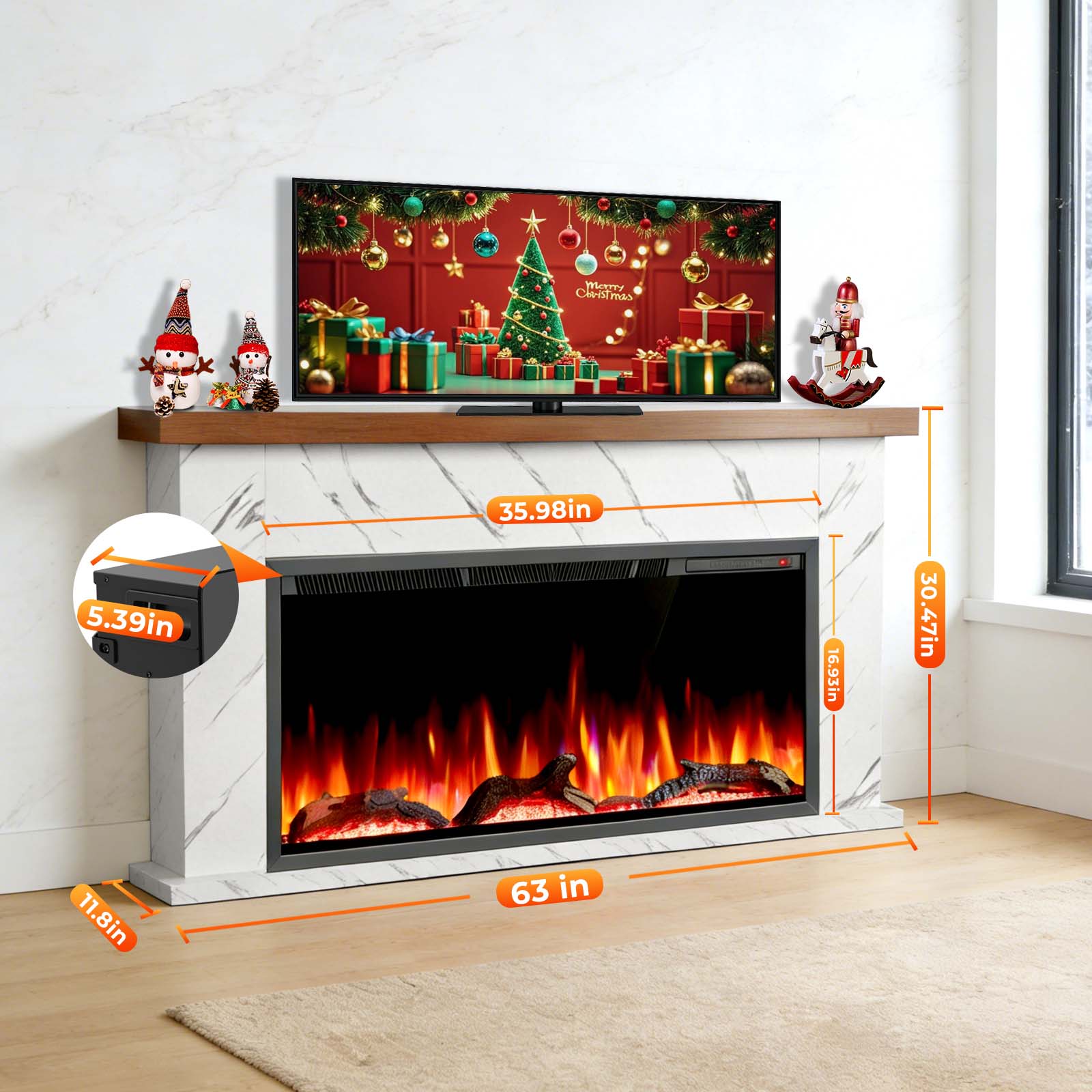 R.W.FLAME 63 Inch Electric Fireplace Mantel Wooden Surround Firebox with Adjustable Led Flame