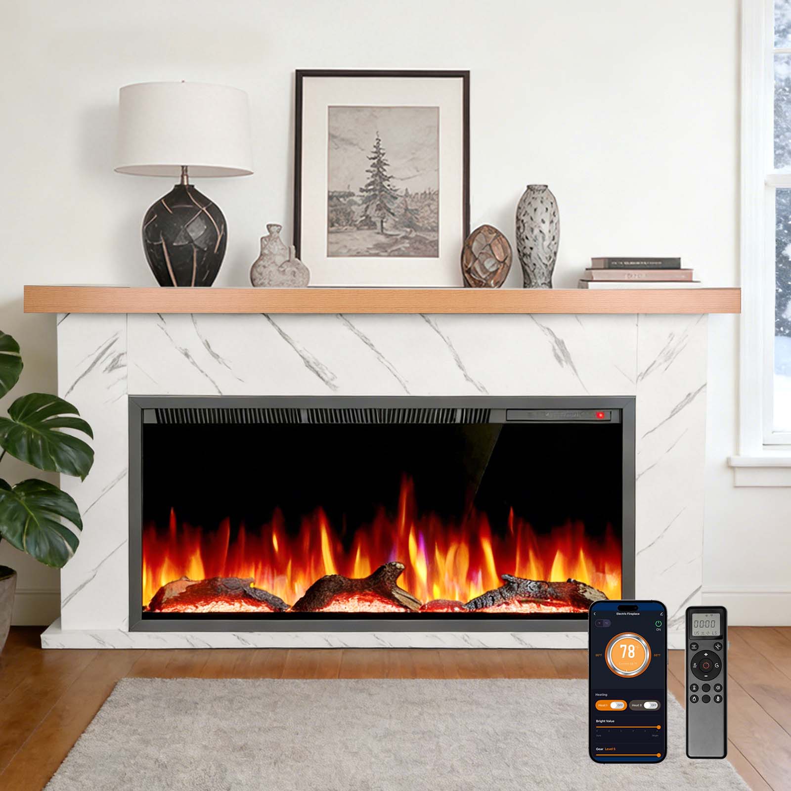 R.W.FLAME 63 Inch Electric Fireplace Mantel Wooden Surround Firebox with Adjustable Led Flame
