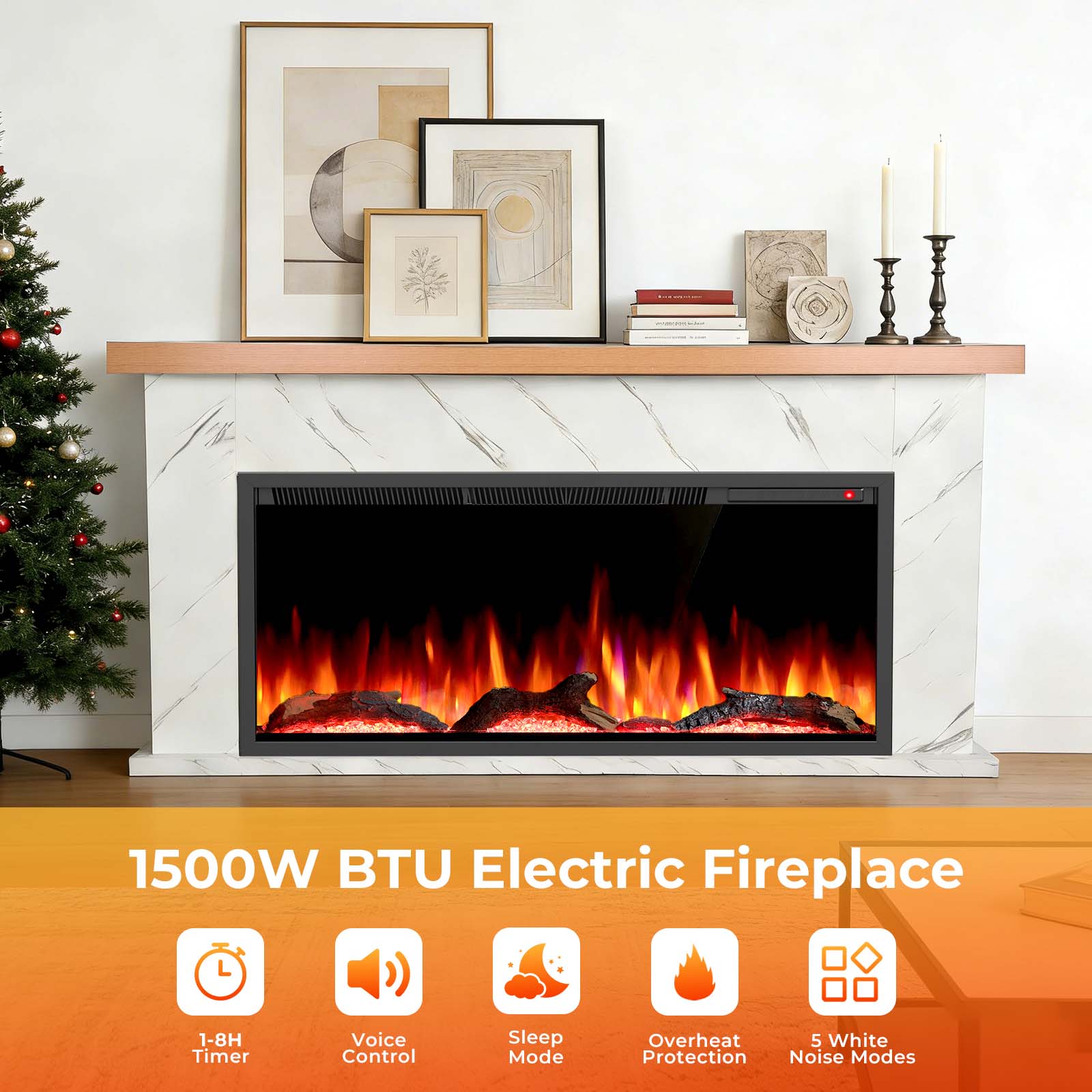 R.W.FLAME 63 Inch Electric Fireplace Mantel Wooden Surround Firebox with Adjustable Led Flame