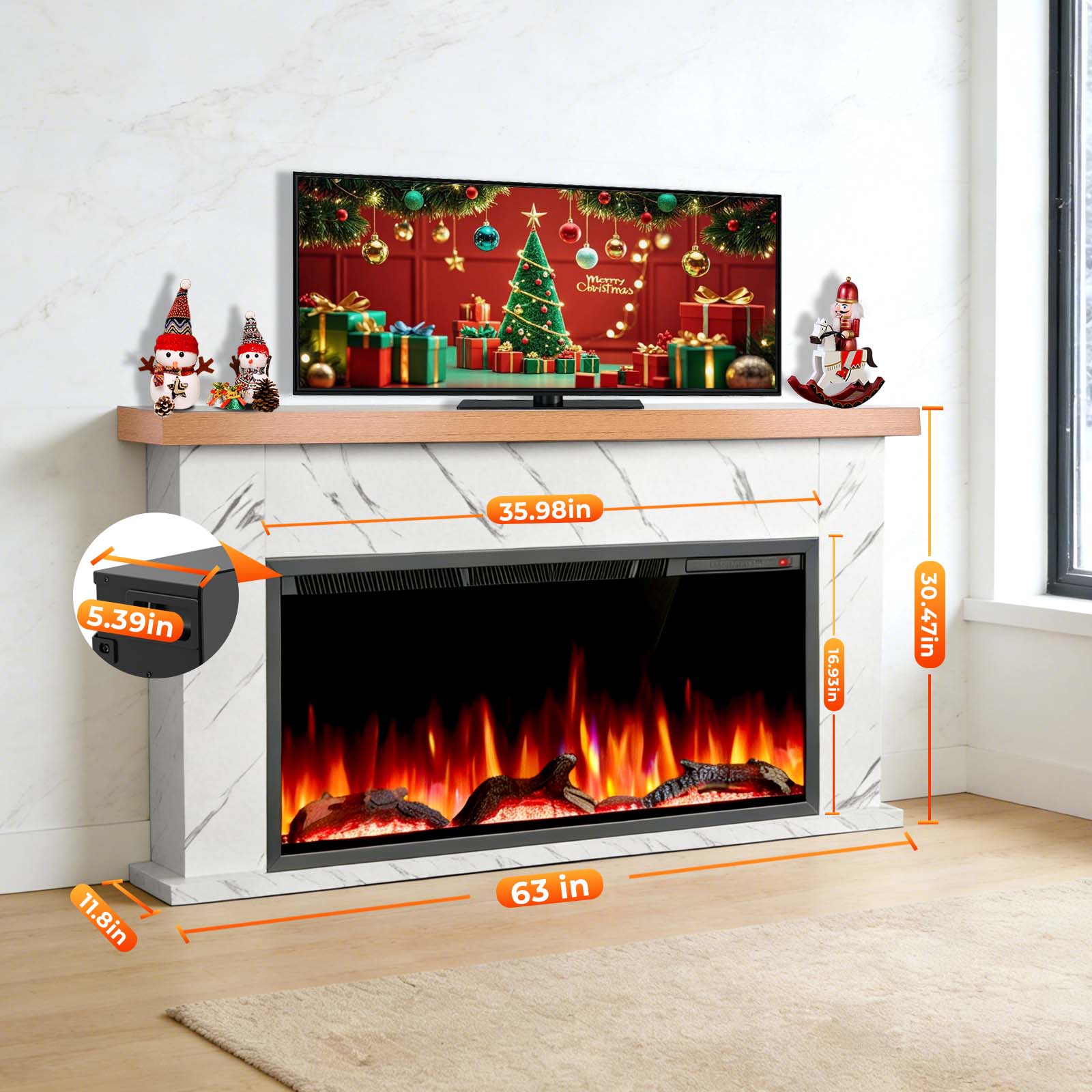 R.W.FLAME 63 Inch Electric Fireplace Mantel Wooden Surround Firebox with Adjustable Led Flame