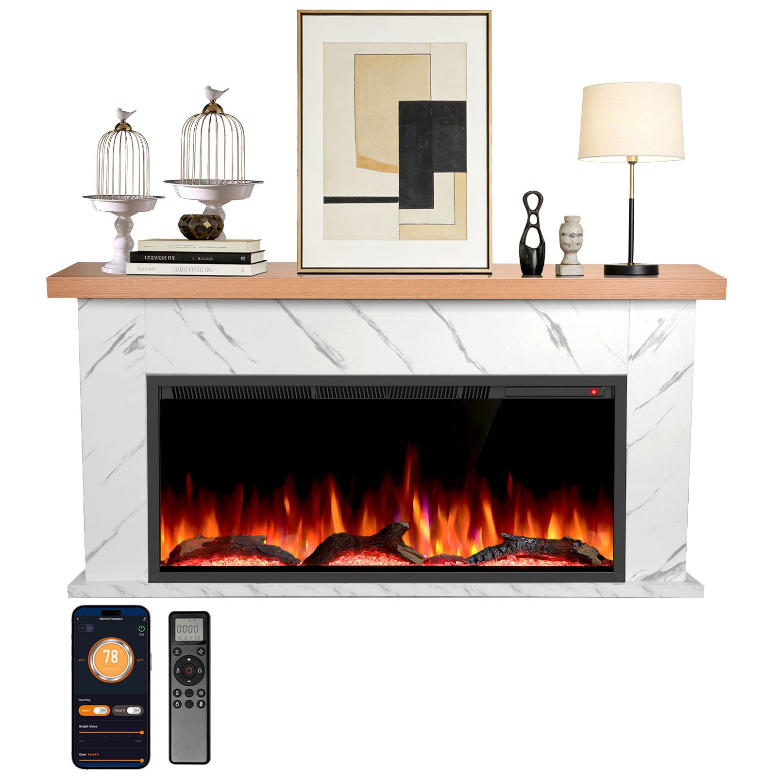 R.W.FLAME 63 Inch Electric Fireplace Mantel Wooden Surround Firebox with Adjustable Led Flame
